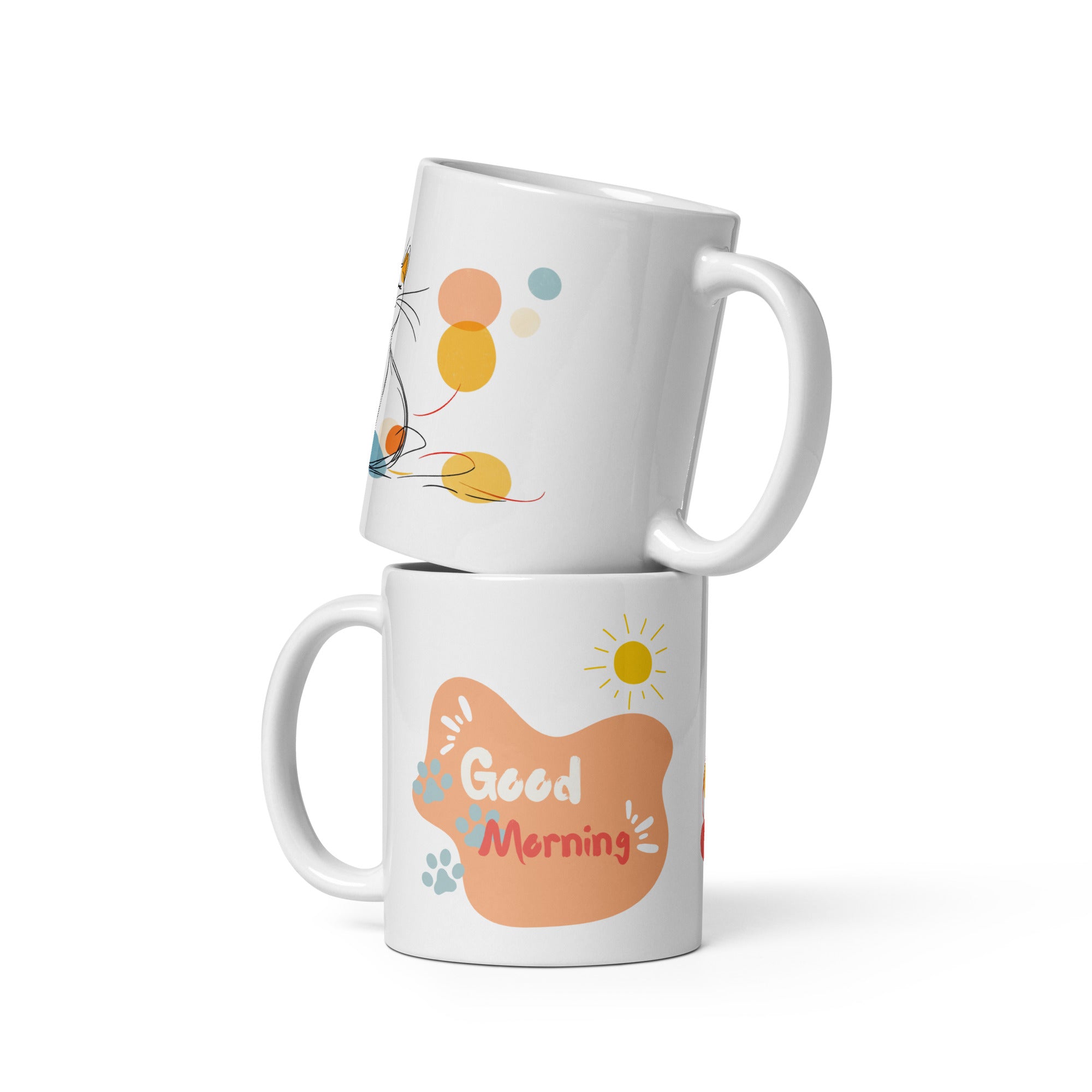 Side view of cat mug, smiling cat and Good Morning graphic