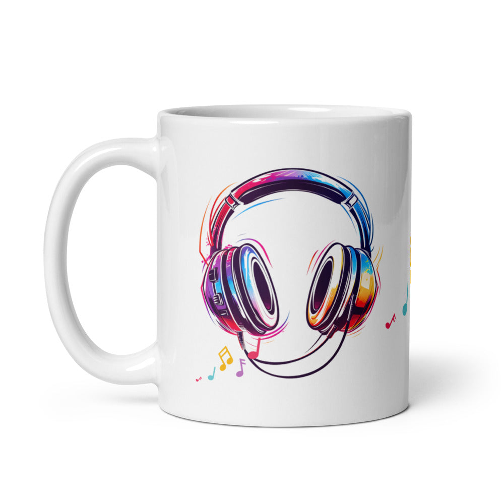 Always in Rhythm mug with colourful headphones design
