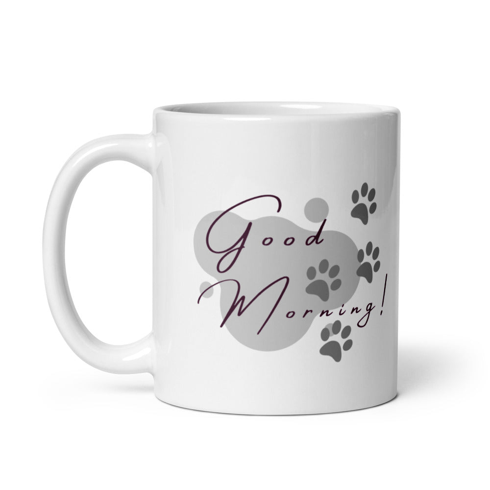 Cute Good Morning cat mug 11oz with a funny cat face and paw prints, a perfect gift for cat lovers and cat moms.