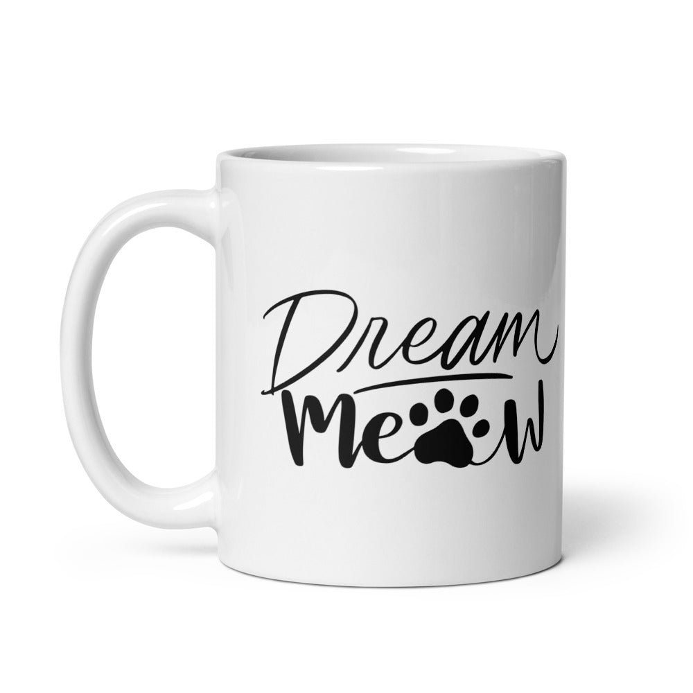 Dream Meow cat lovers mug 11oz with sleeping kitty design, cute ceramic coffee cup gift
