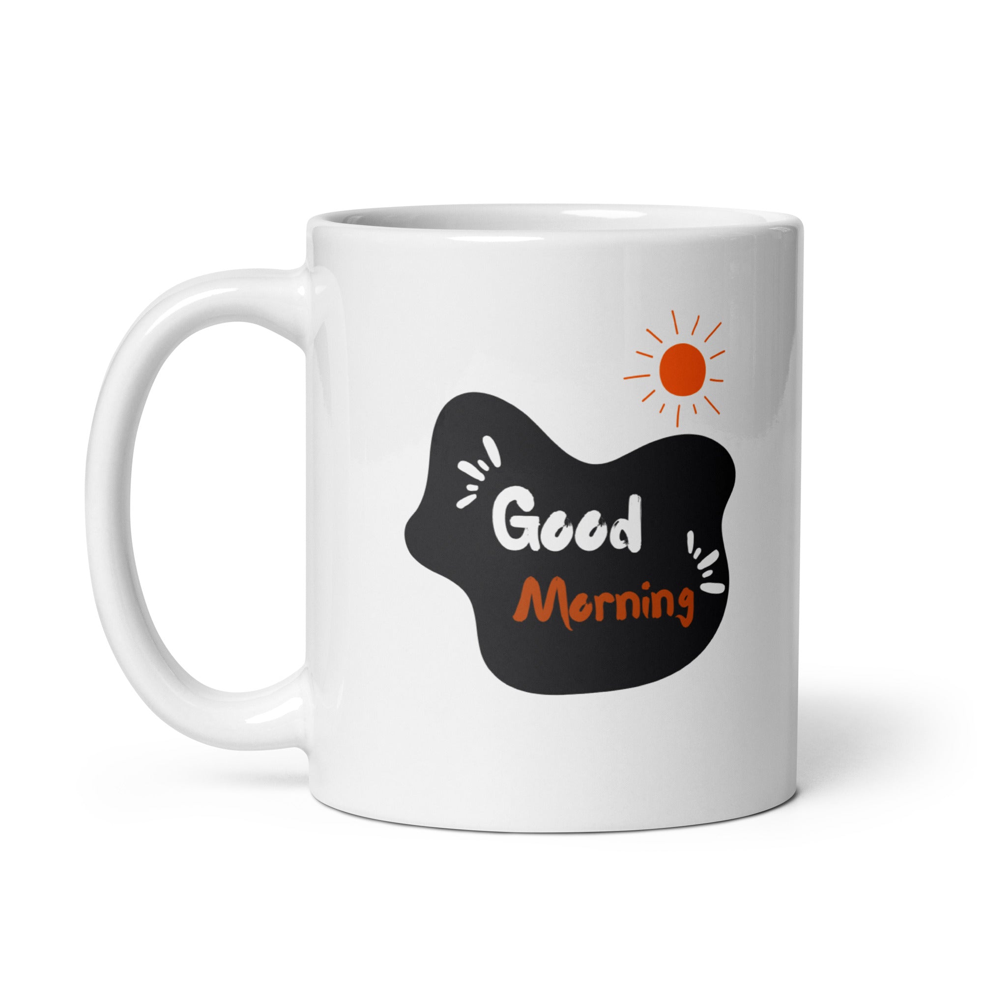 Two ceramic mugs with designs. The first mug has a mountain and tent design with a sun, and the second mug has a 'Good Morning' message with a sun symbol.