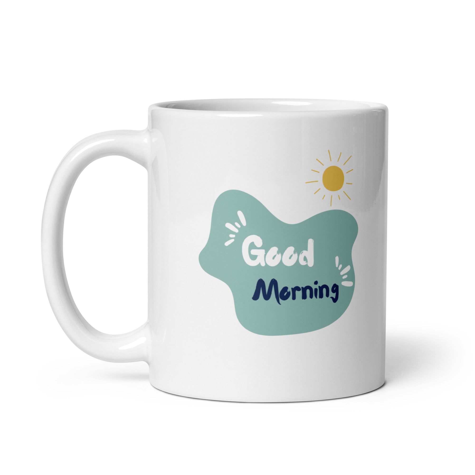 Romantic Mountain Tent Mug 11oz with colourful outdoor camping illustration and Good Morning text, ceramic coffee cup for hikers and adventure lovers
