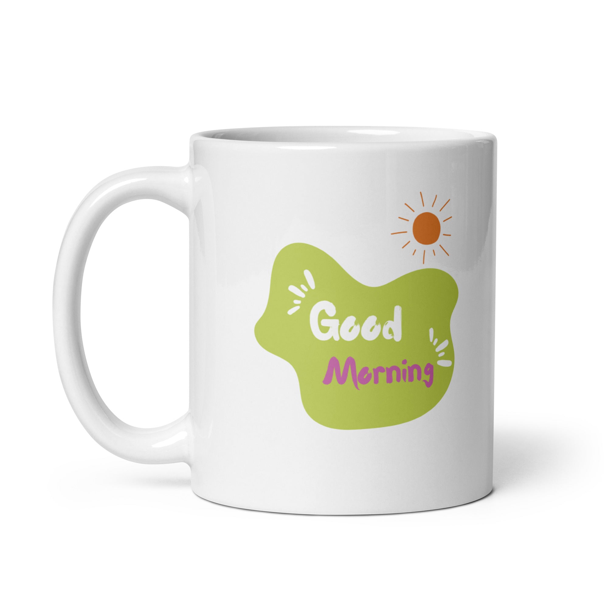 Reverse side of camping mug with "Good Morning" text and sun design – ceramic coffee cup