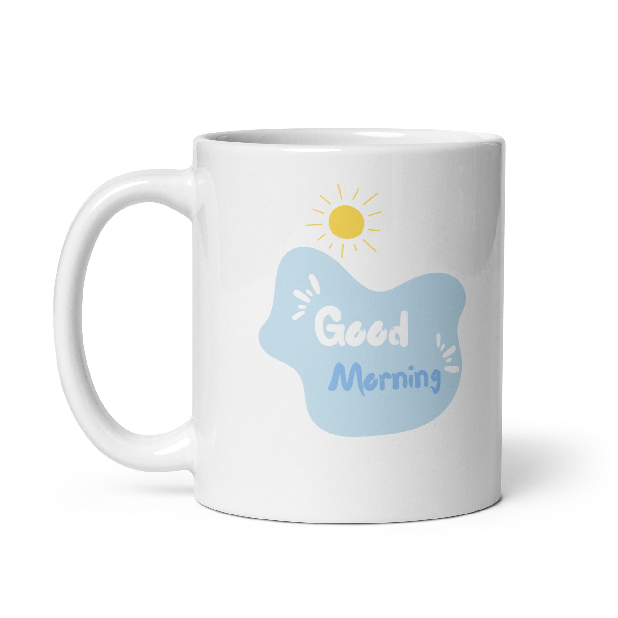 A set of two ceramic mugs, one with a floral watercolor design and the other with a 'Good Morning' message in white text on a blue background, both featuring a handle.