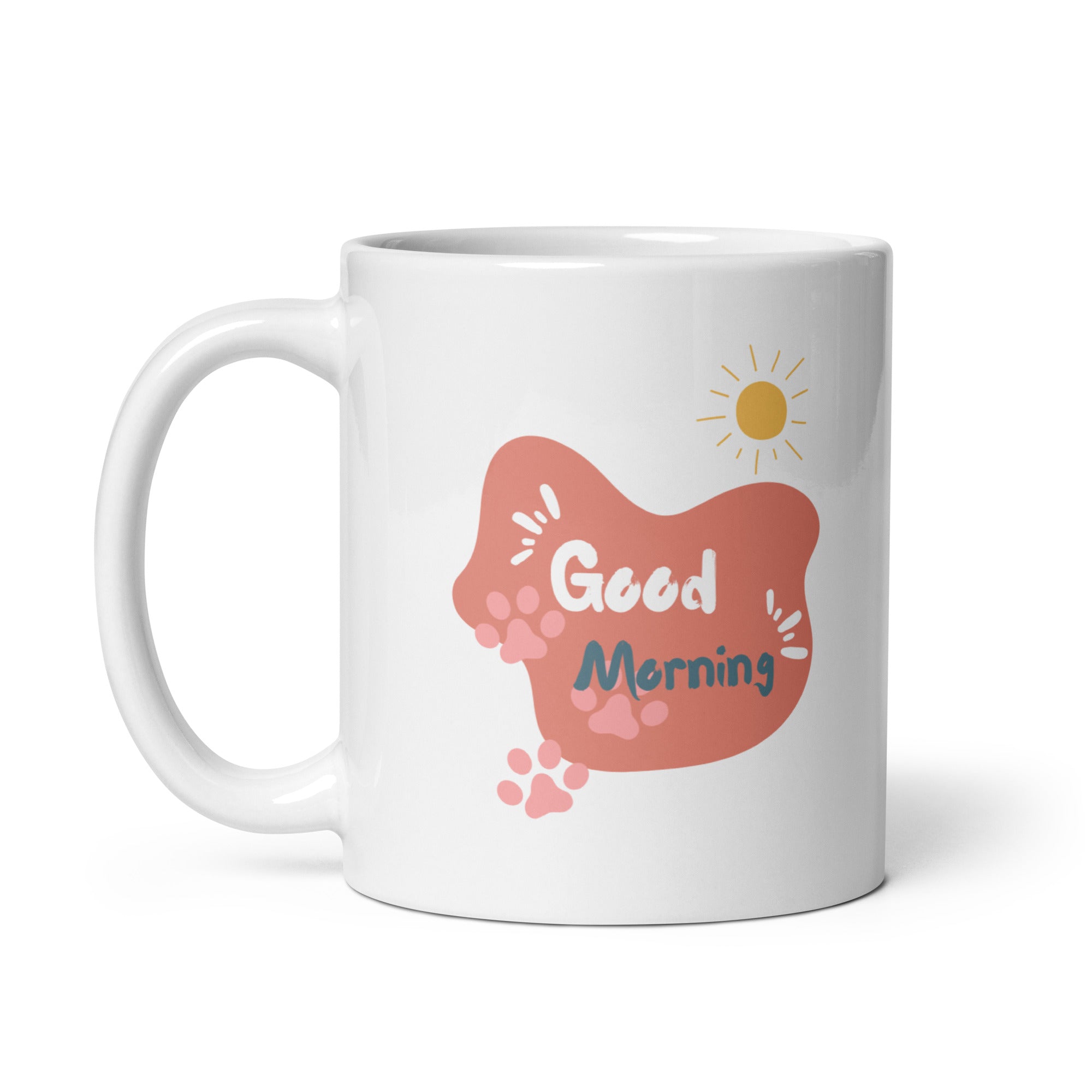 A set of two ceramic mugs, one with a splash of colorful paw prints and the other with a 'Good Morning' message in soft pink, both with animal-themed designs.