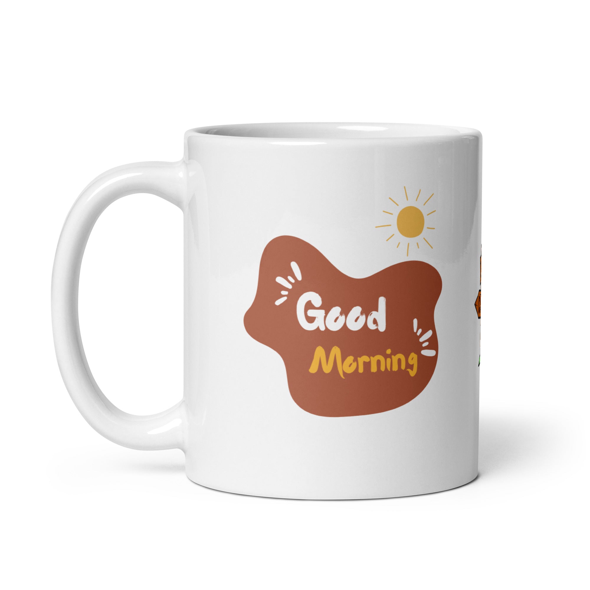 Two ceramic mugs, one with a camping tent and sun design and the other with a 'Good Morning' text and sun design, both in white with colorful illustrations.
