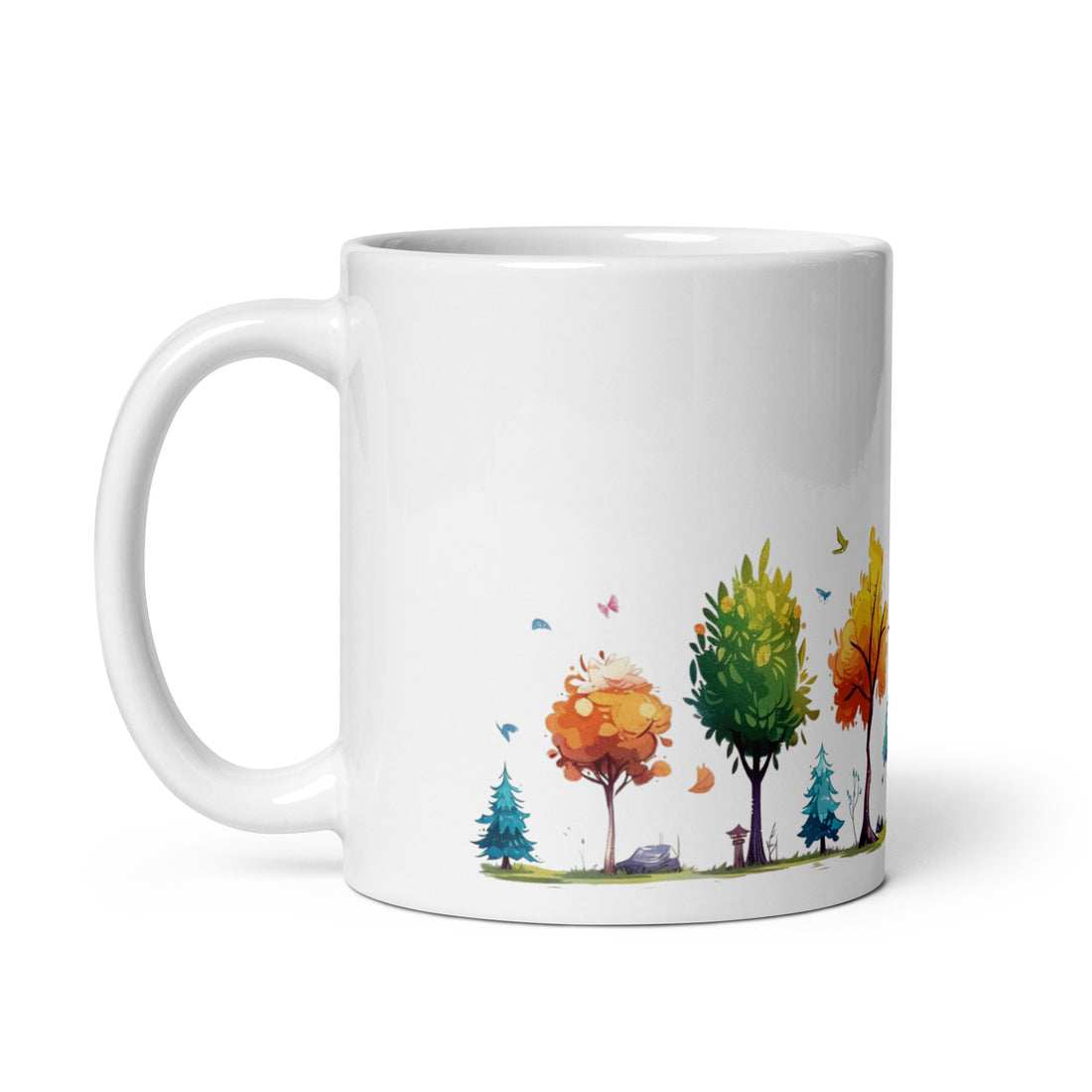Whimsical Forest Mug with Butterflies - 325ml (11oz) White Ceramic Coffee Cup with Colorful Trees and Butterfly Design, Perfect Gift for Nature Dreamers