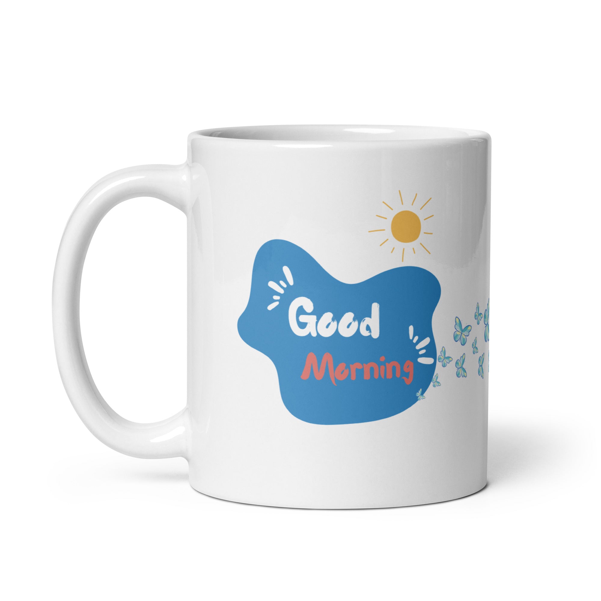 Two ceramic mugs, one with a colorful heart and butterflies design, and the other with a 'Good Morning' message with butterfly accents.