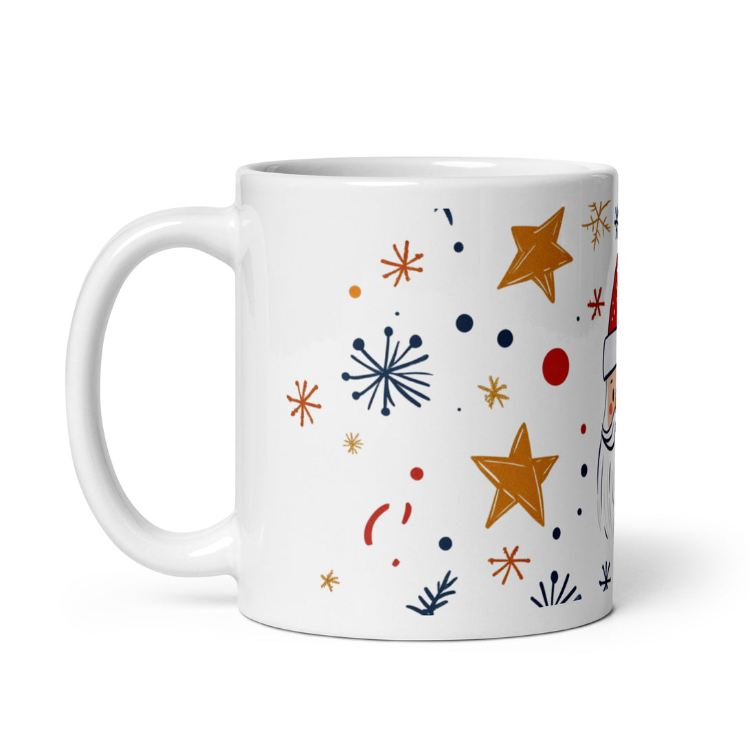 Festive Santa Mug | Cute Christmas Coffee Cup with Stars & Snowflakes | 11oz Holiday Drinkware