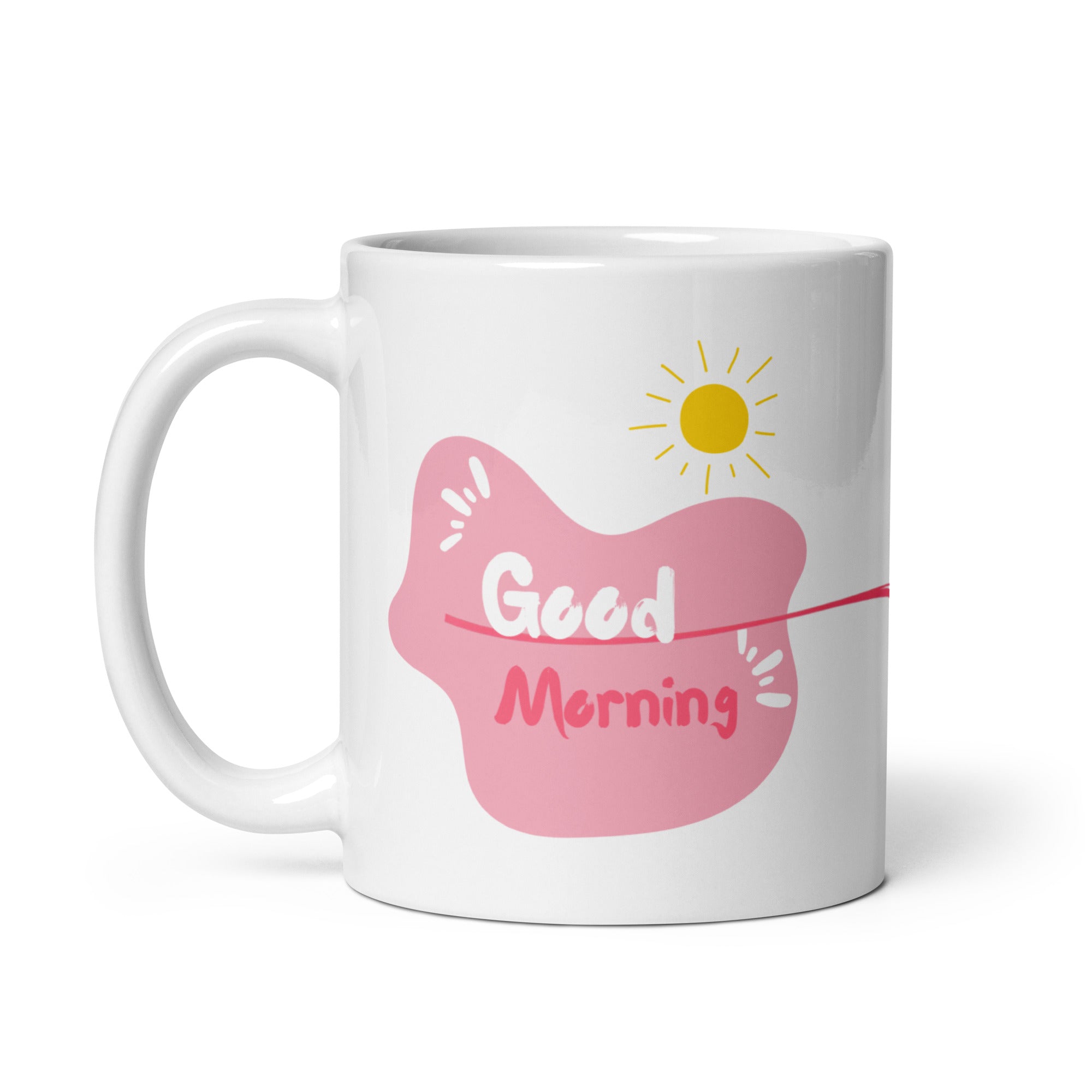 Two ceramic coffee mugs, one with a smiling heart design on the front and the other with a 'Good Morning' message alongside a sun graphic on the front. Both mugs have a white background with text and heart illustrations.