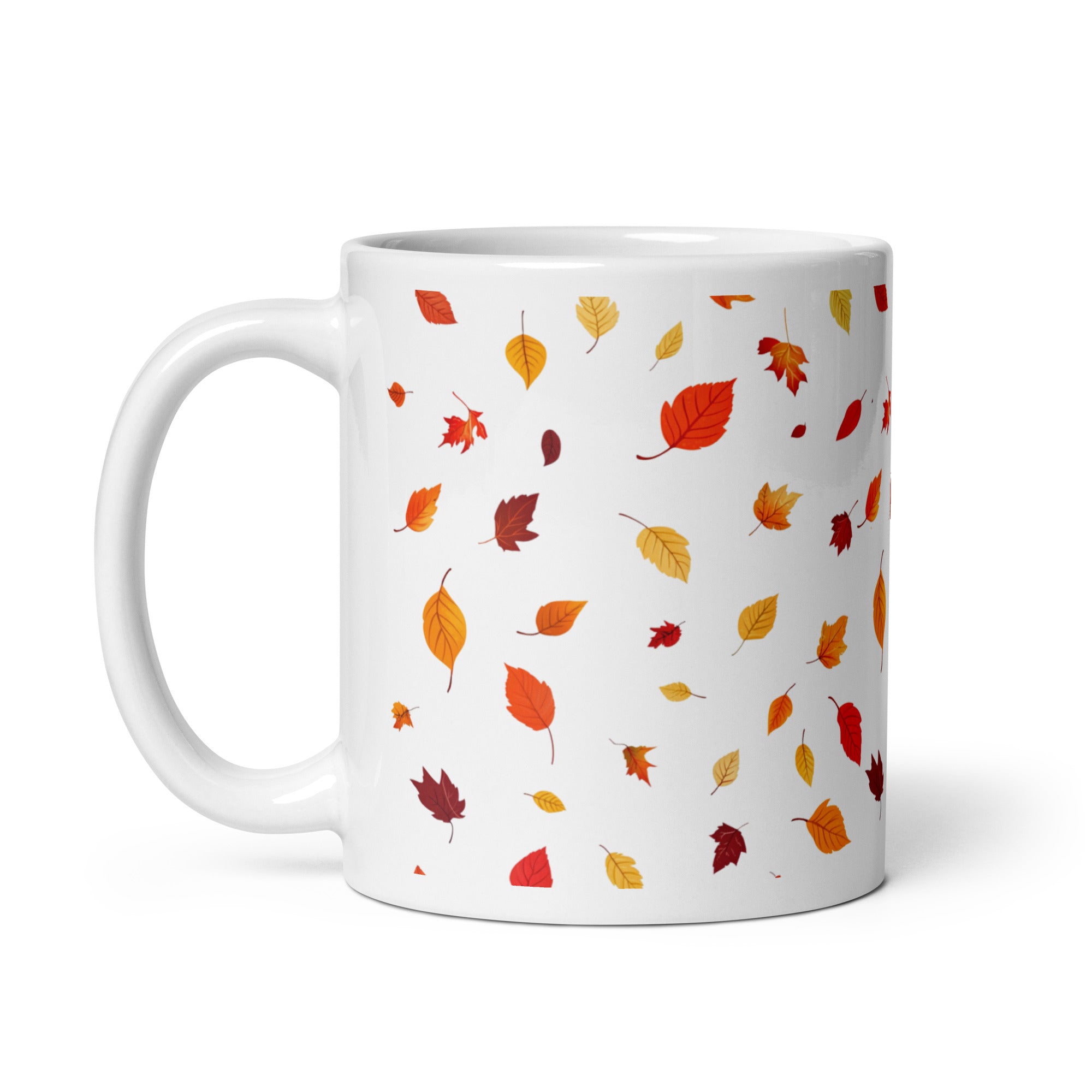 Ceramic autumn mug with falling leaves – cosy 11oz fall coffee cup with rustic seasonal pattern
