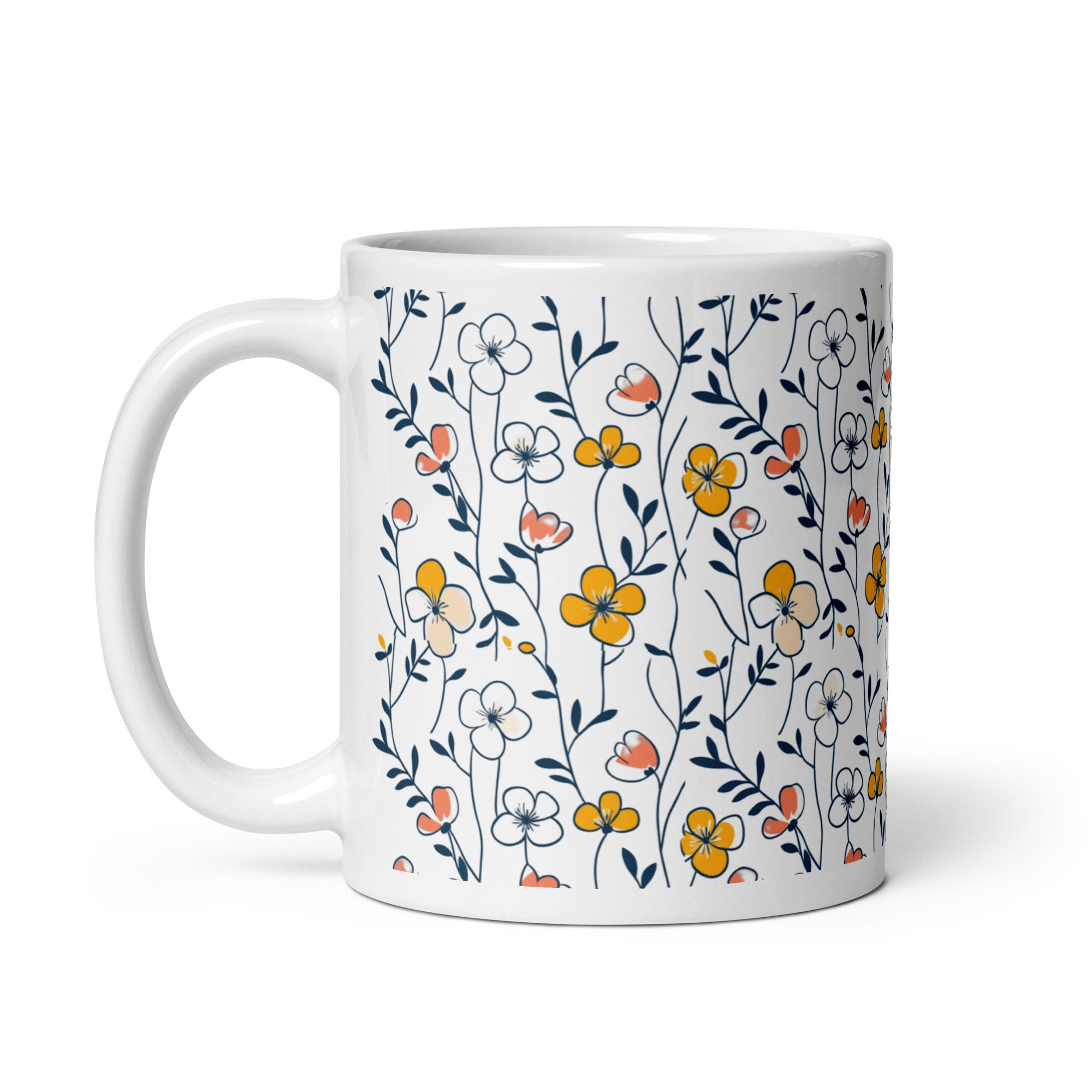 Side view, floral meadow mug, yellow and pink wildflowers, gift idea