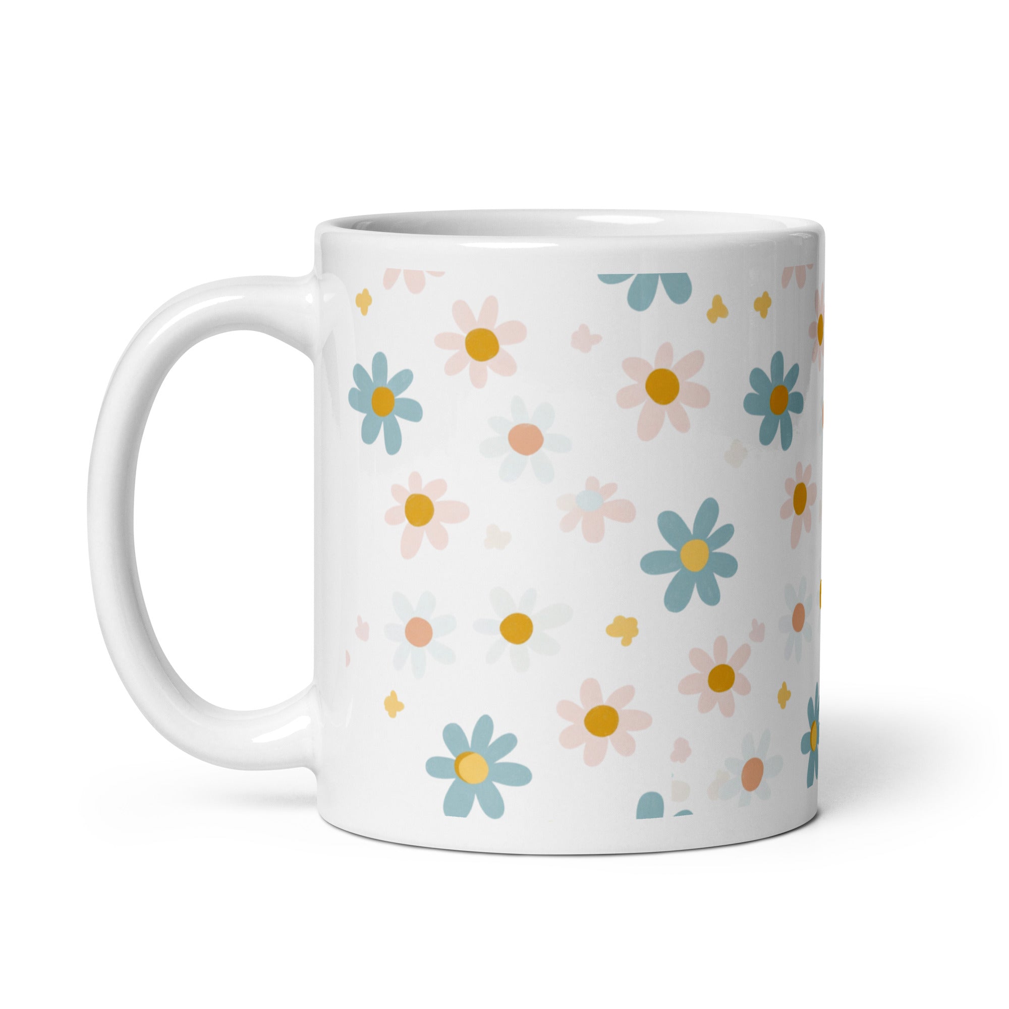 Side view, pastel daisy mug, minimalist floral coffee cup