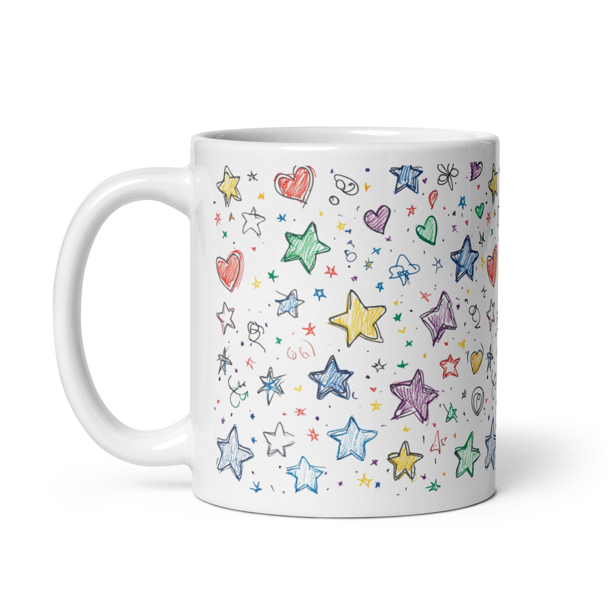 A set of two ceramic coffee mugs with colorful full-wrap designs of stars and hearts on a light background.