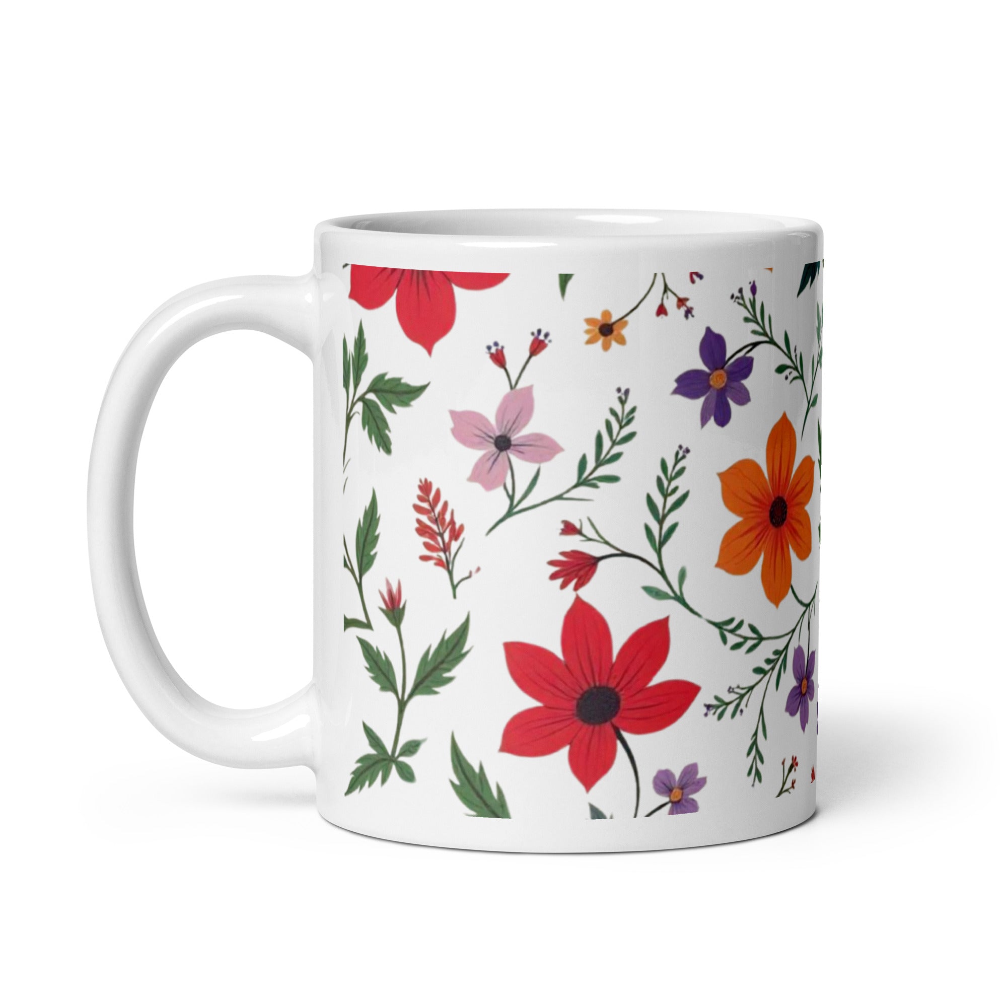 Romantic Floral Mug 11oz with colourful botanical flower pattern, ceramic coffee cup gift for women and nature lovers
