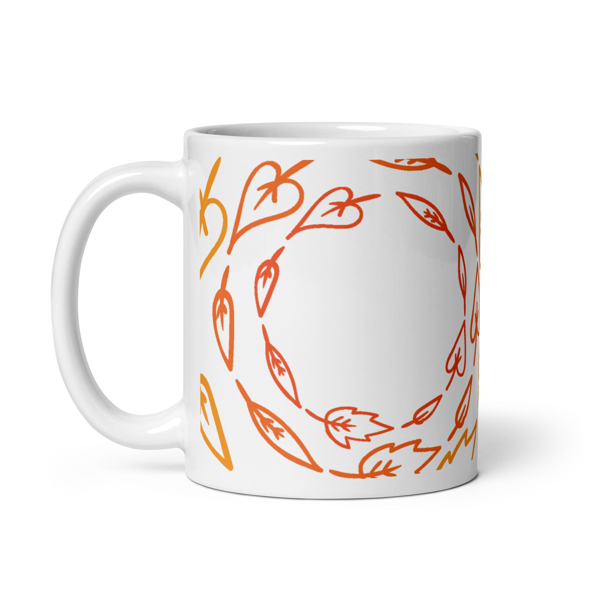 White ceramic mug with botanical handle detail