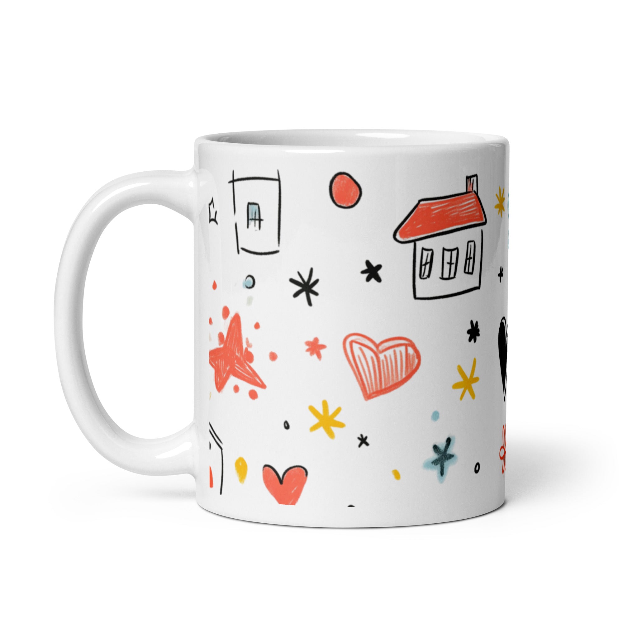 Sunny Doodle Mug boxed for gift, yellow star design, ceramic