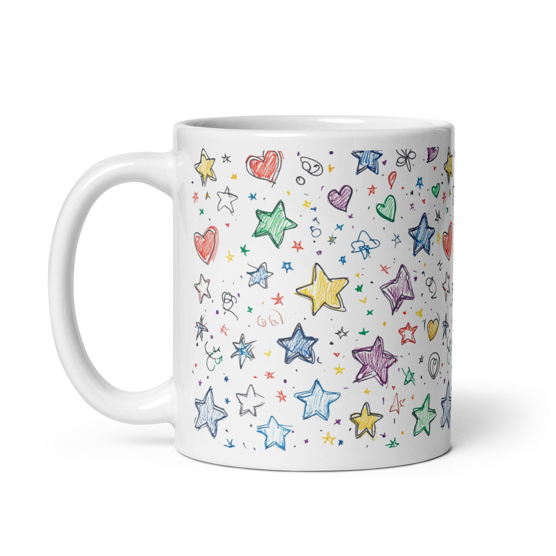 Side view Star Magic Mug with pastel orange pink stars, 11oz ceramic