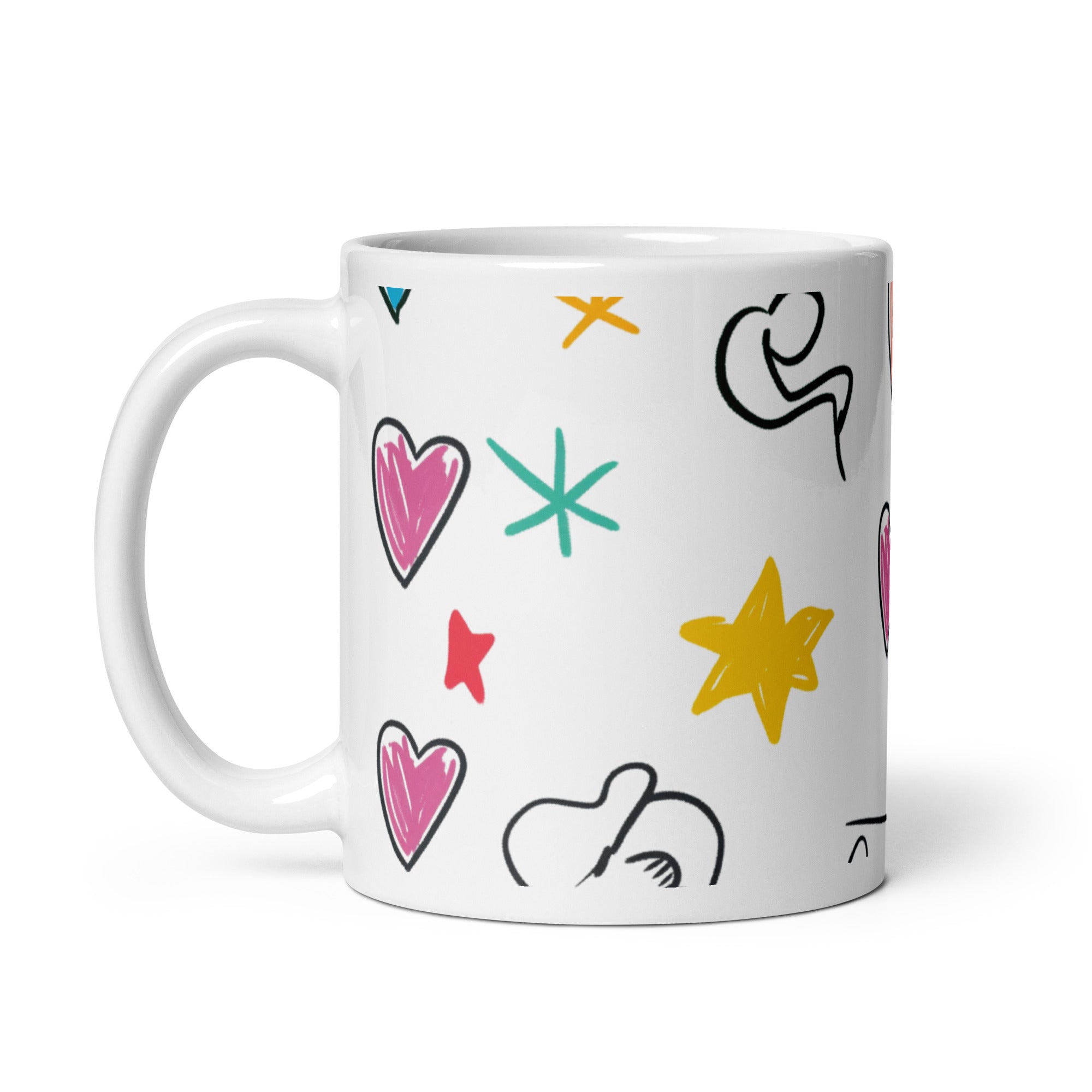 White mug with colorful abstract designs on a white background