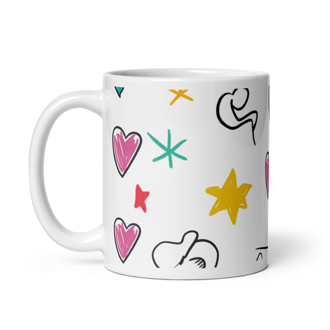 Whimsical Hearts and Stars Doodle Mug - 325ml (11oz) White Ceramic Coffee Cup with Playful Sketch Design, Perfect Gift for Dreamers