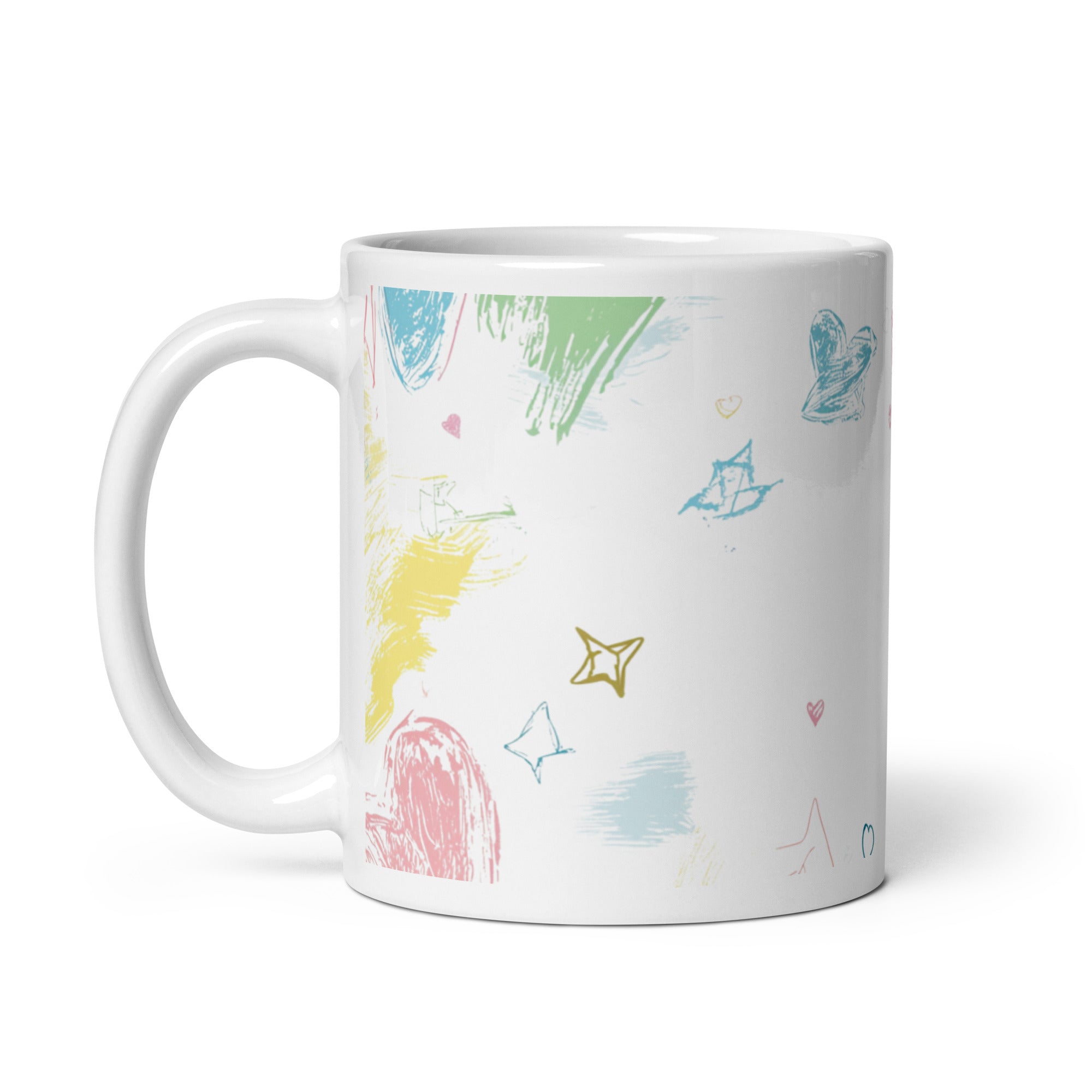 White mug with colorful abstract designs on a white background