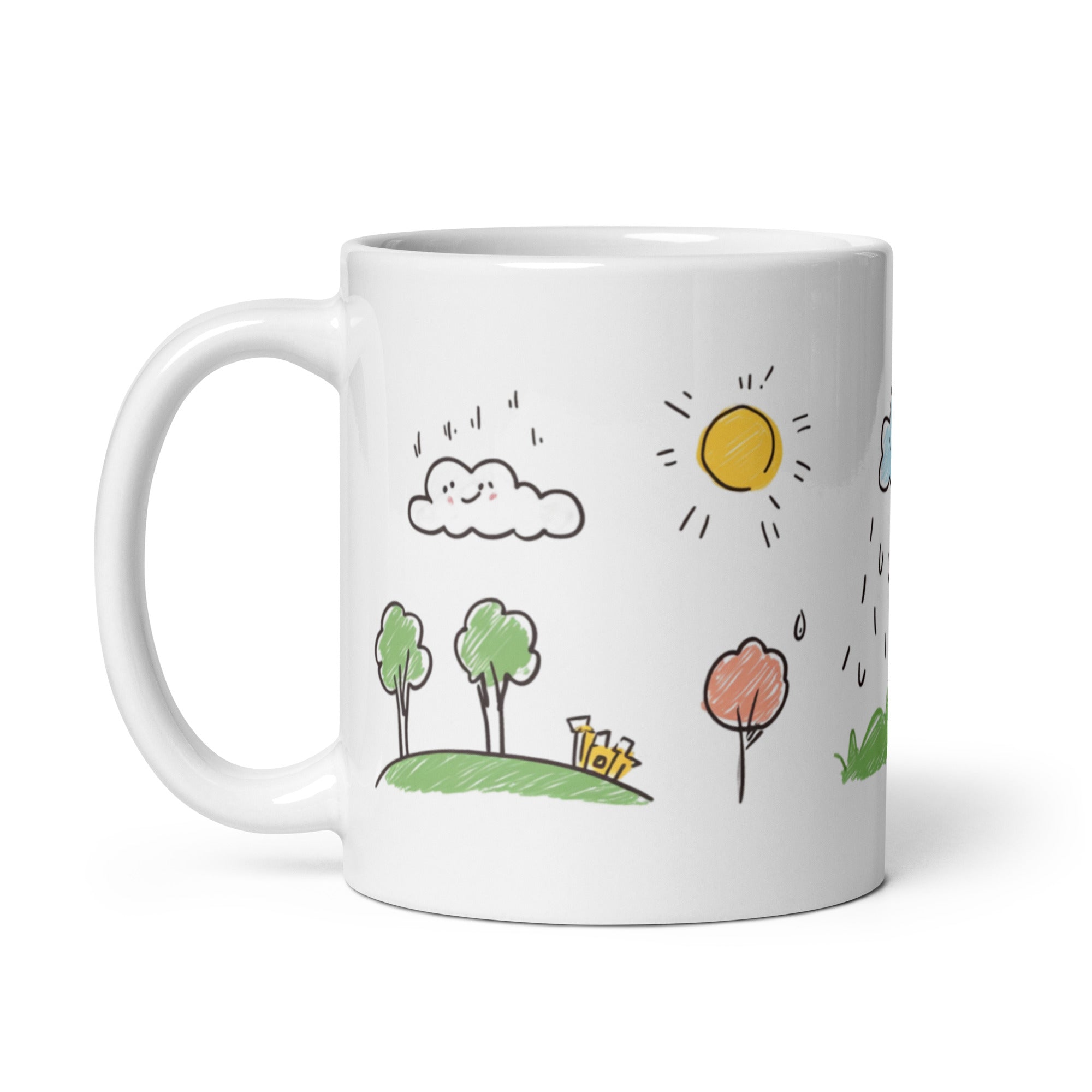 Child’s hands holding kids mug, colorful sun and cloud art