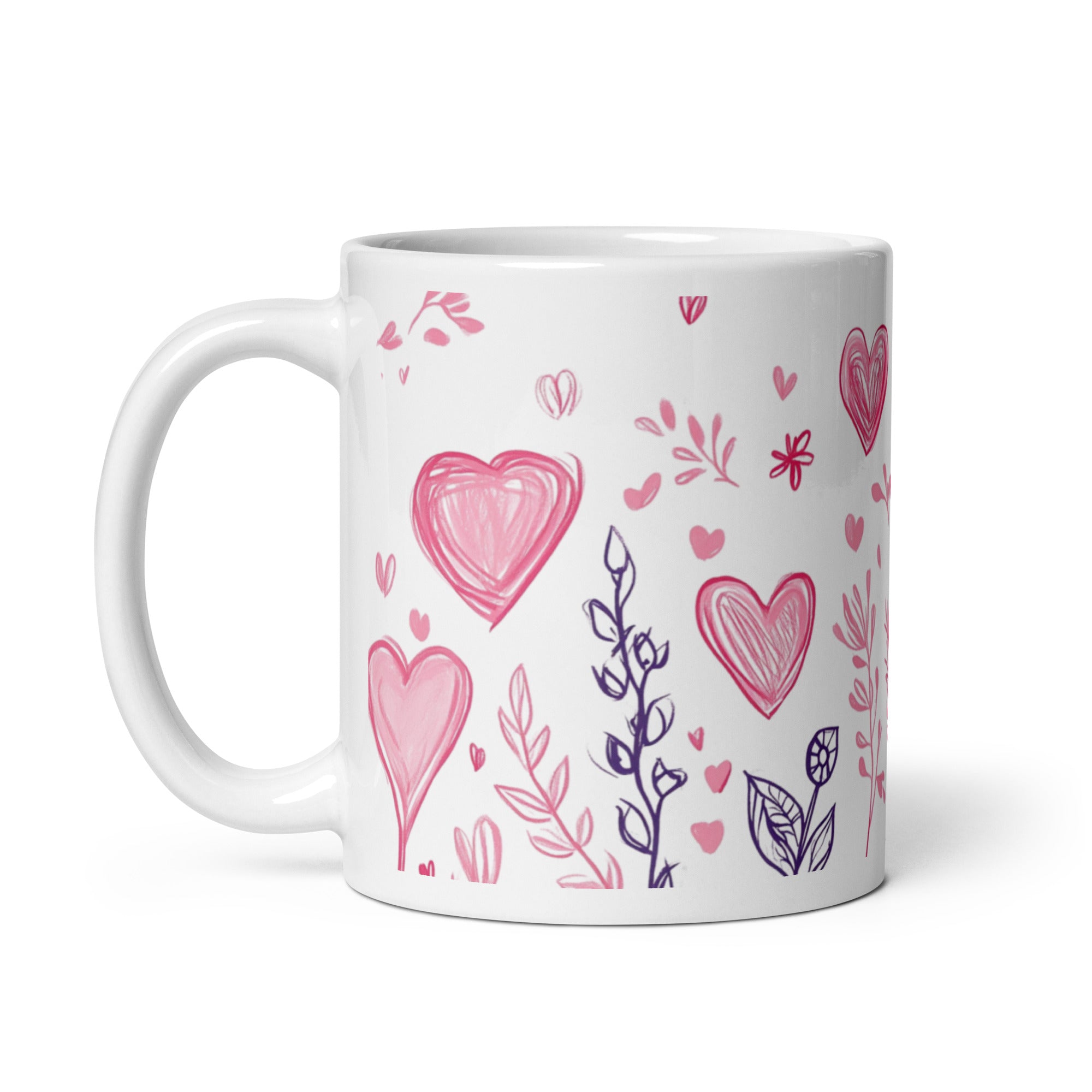 Heart & Flowers Romantic Ceramic Mug 11oz - Pink Hearts & Floral Gift Cup