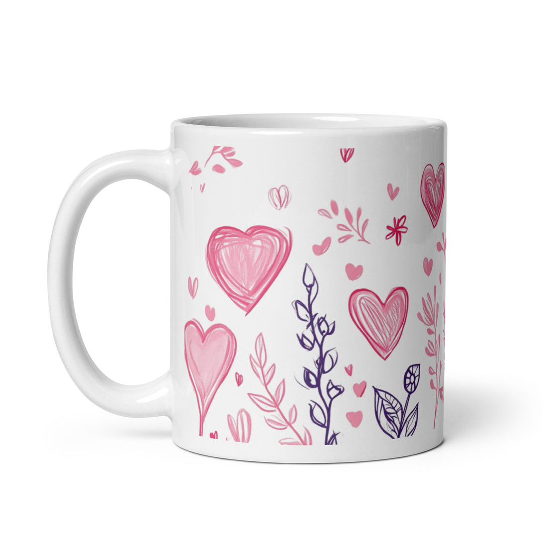 💕🌿 “Blush of Love” – 325ml (11oz) Premium White Ceramic Coffee Mug – Hand-Drawn Romantic Floral & Heart Pattern in Soft Pinks and Lavenders – Perfect Gift for Lovers, Dreamers, and Gentle Souls 🌸✨