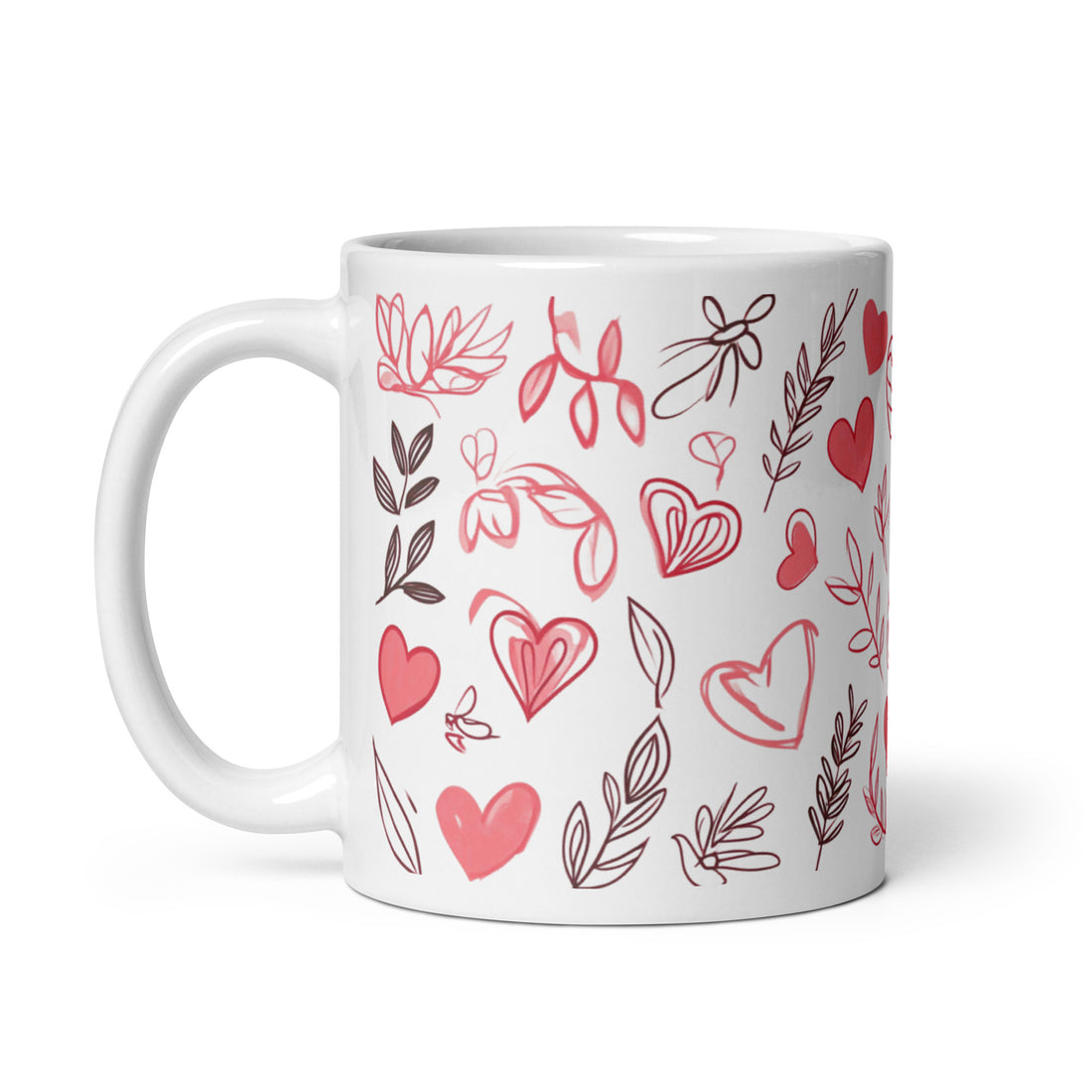 🌸💖 “Whispers of Love & Leaves” – 325ml (11oz) Premium White Ceramic Coffee Mug – Minimalist Hand-Drawn Heart & Botanical Pattern in Blush Pink and Black – Romantic Mug for Nature Lovers, Dreamers, and Gentle Souls 🌿✨