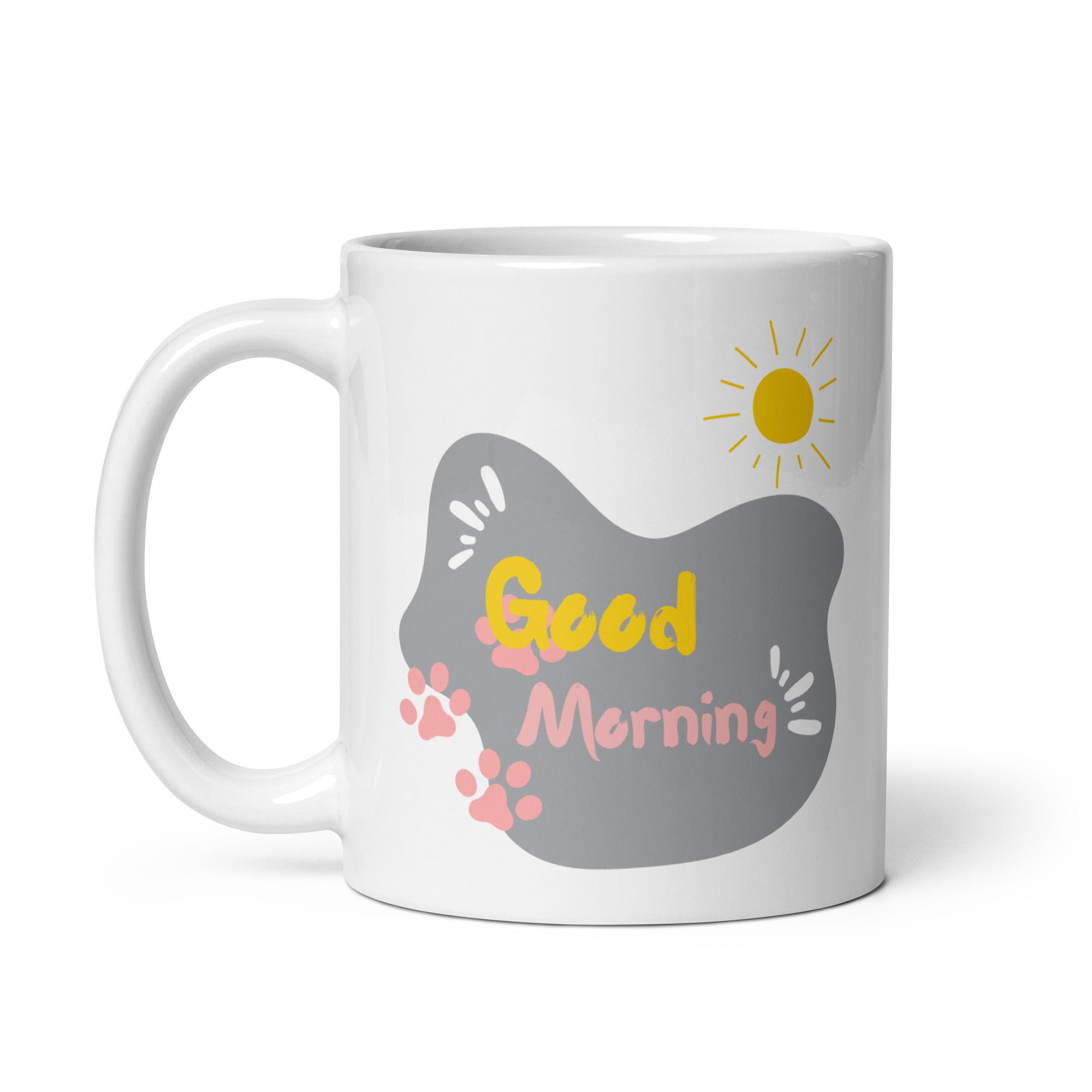 Side view, grey cat coffee cup, pastel background, 11oz