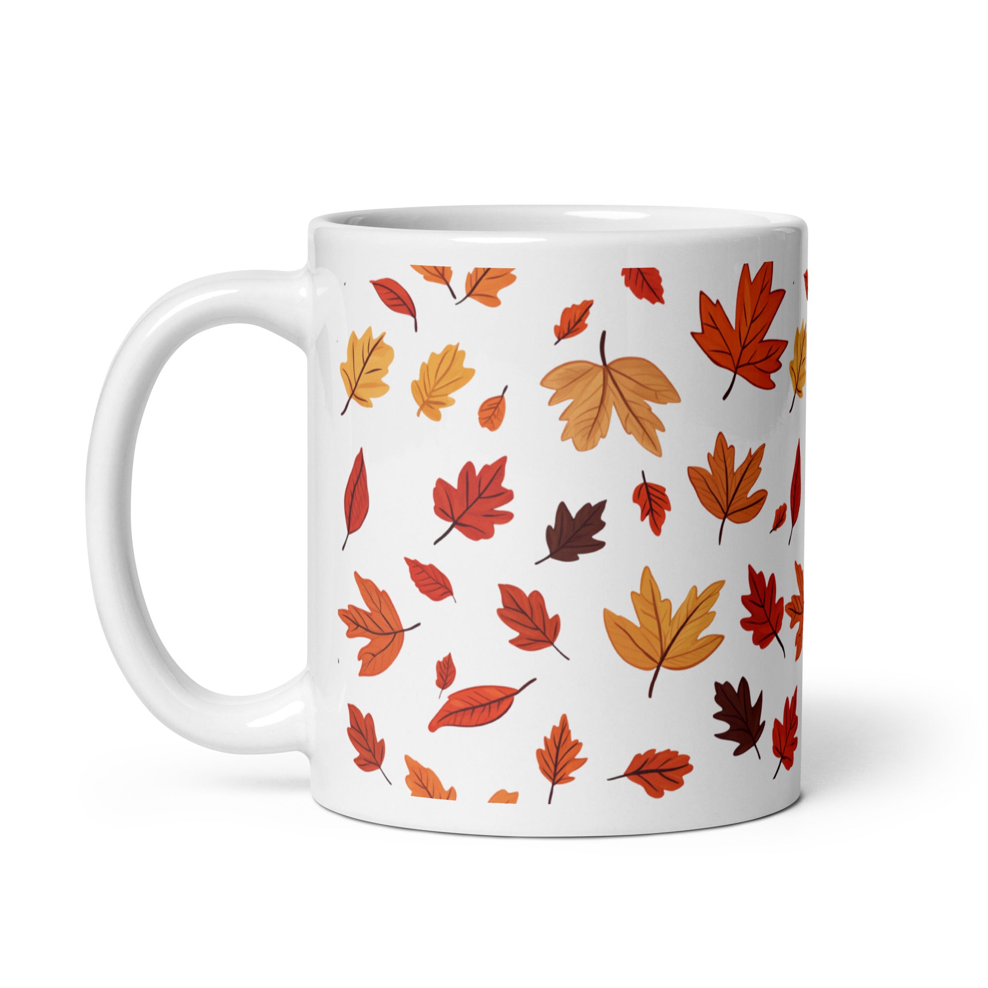 Woman enjoying morning coffee with Autumn Leaves Mug at breakfast table