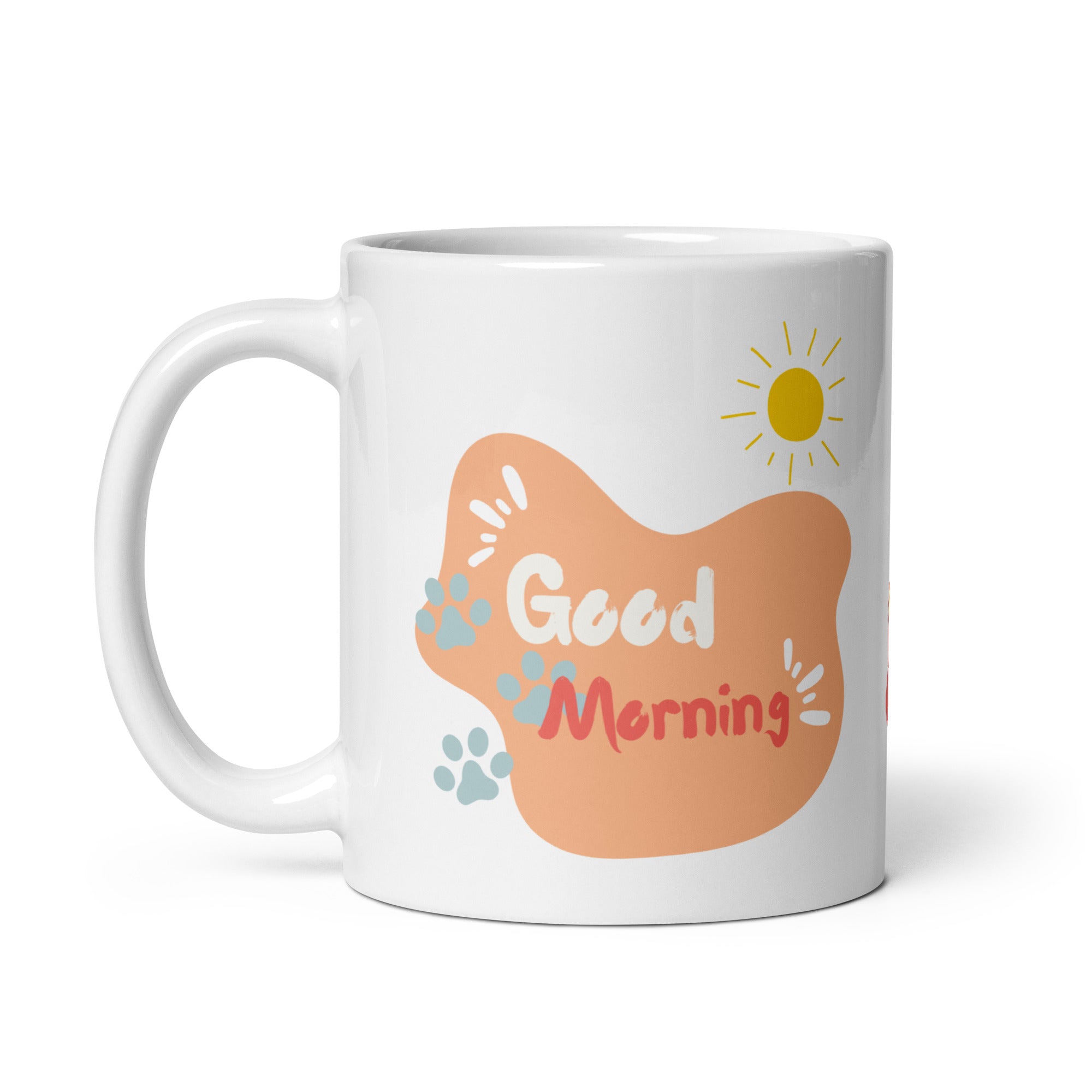 Side view of cat mug, smiling cat and Good Morning graphic