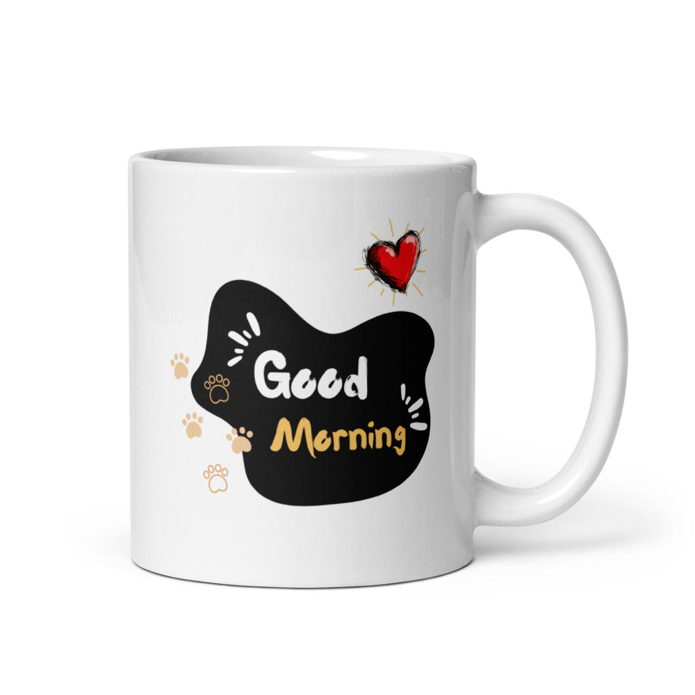 Good Morning Cat Mug – 11oz Ceramic Mug with Playful Kitty Design – Cute Black Cat and Heart Artwork – Ideal Gift for Cat Lovers – Microwave and Dishwasher Safe