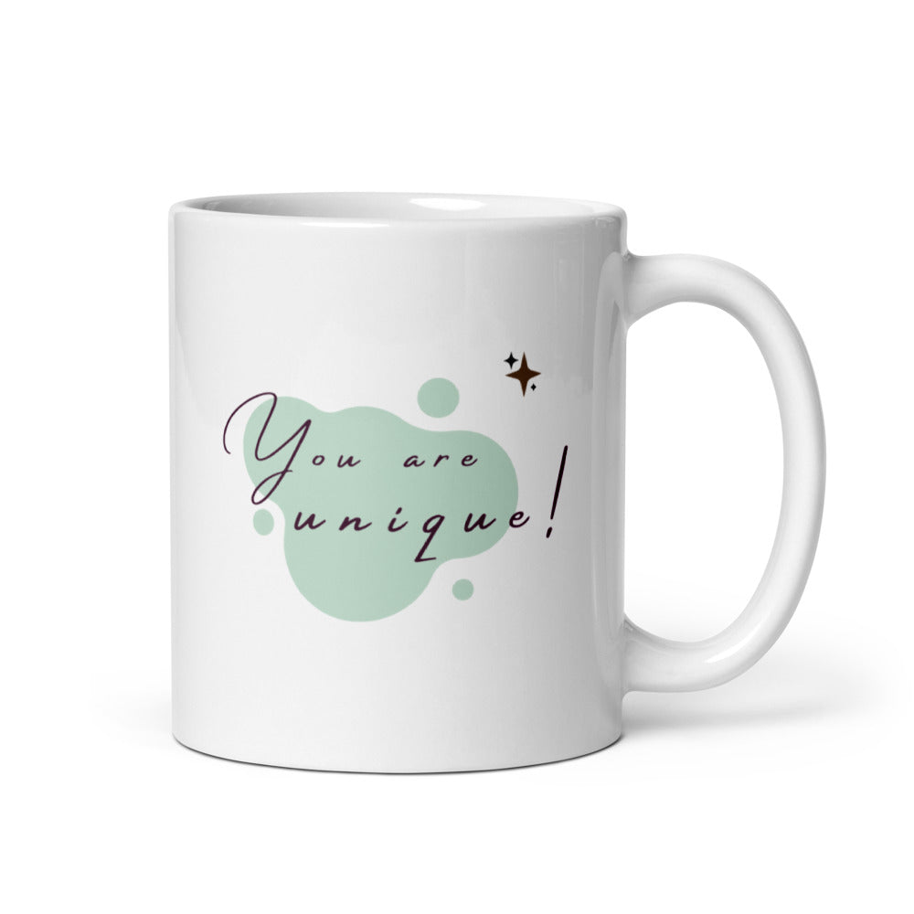White ceramic coffee cup with “You Are Unique” text – gift for her UK
