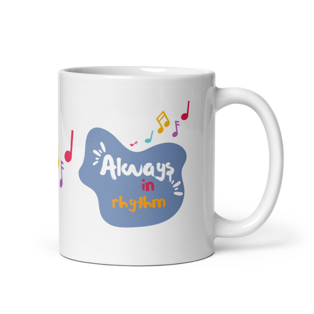 Always in Rhythm mug with colourful headphones design