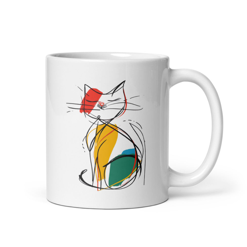 artistic kitty line art with paw prints – 11oz ceramic