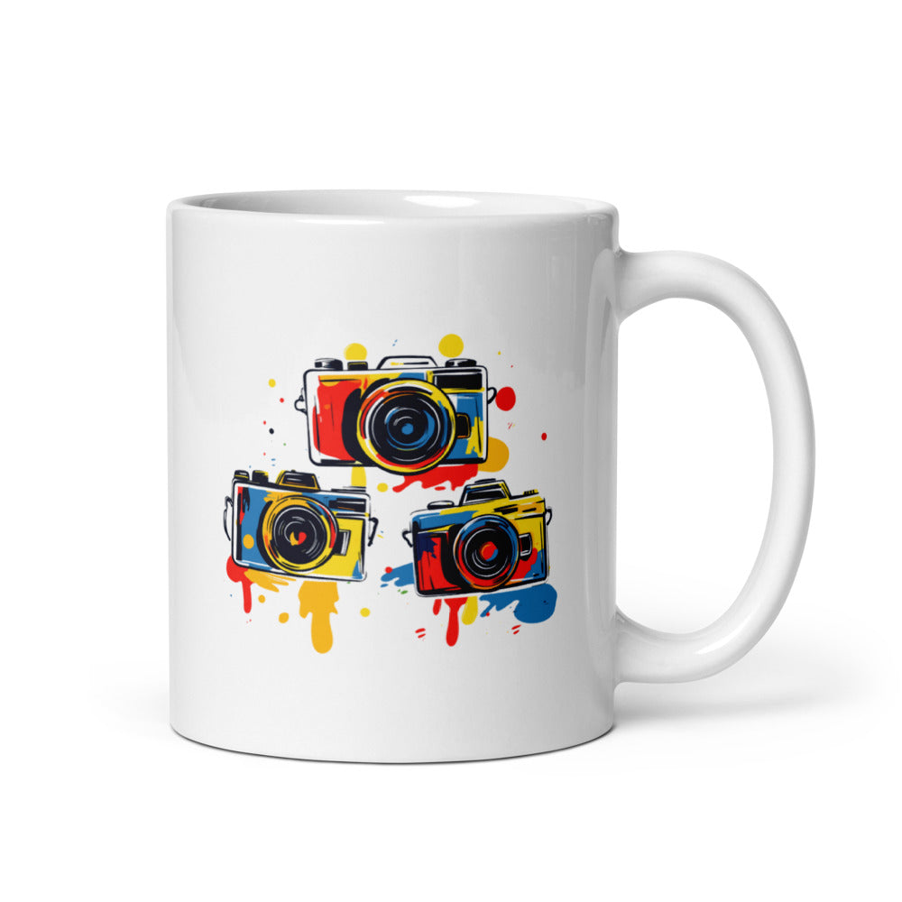 Colorful artistic camera mug with 'Light shadow moment' quote, a vibrant 11oz coffee cup gift for photographers and artists.