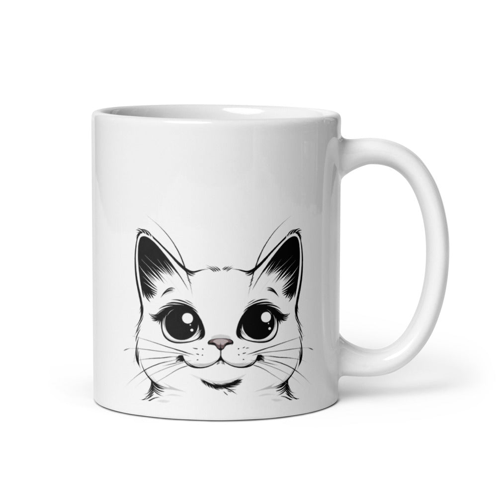 Cute Good Morning cat mug 11oz with a funny cat face and paw prints, a perfect gift for cat lovers and cat moms.