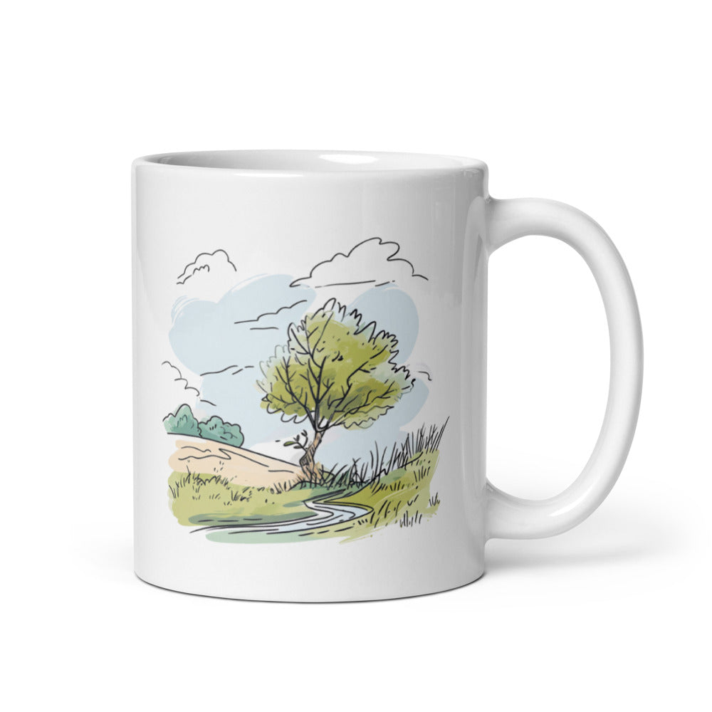 Two white ceramic mugs with a green and brown tree illustration and the quote 'Live Close to Nature'. One mug shows the exterior while the other displays the interior with a beverage.