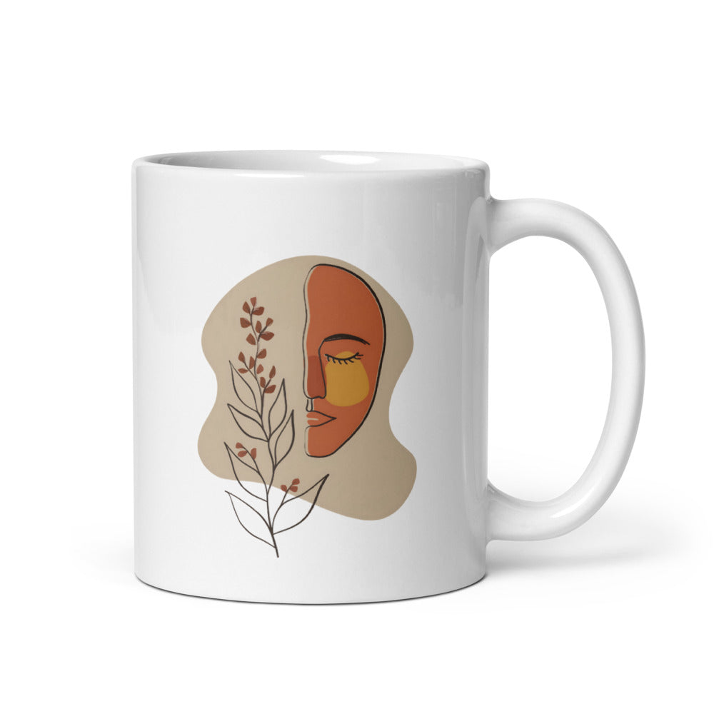 Aesthetic Good Morning mug 11oz with boho face line art design, a perfect ceramic coffee cup gift for her.