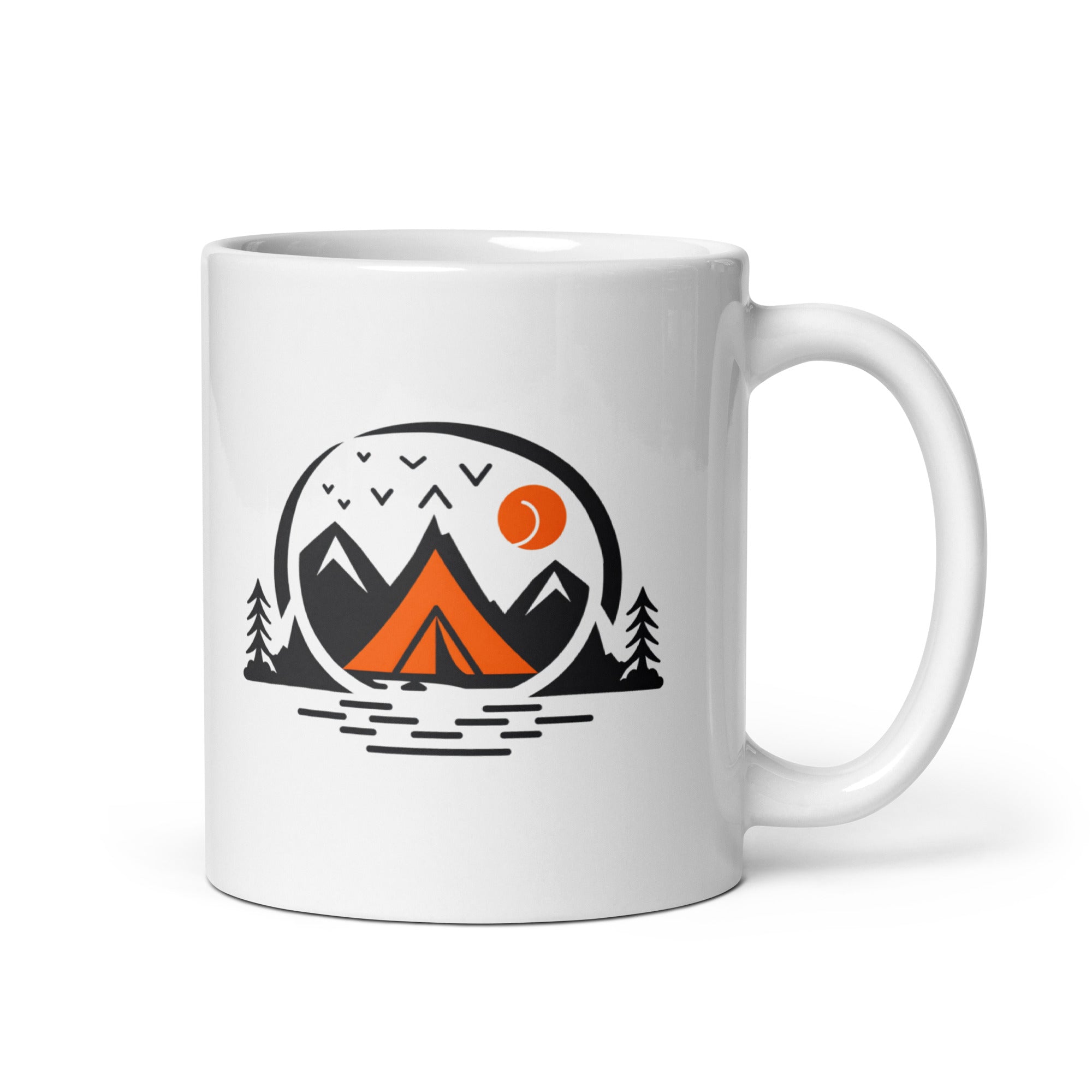 Two ceramic mugs with designs. The first mug has a mountain and tent design with a sun, and the second mug has a 'Good Morning' message with a sun symbol.