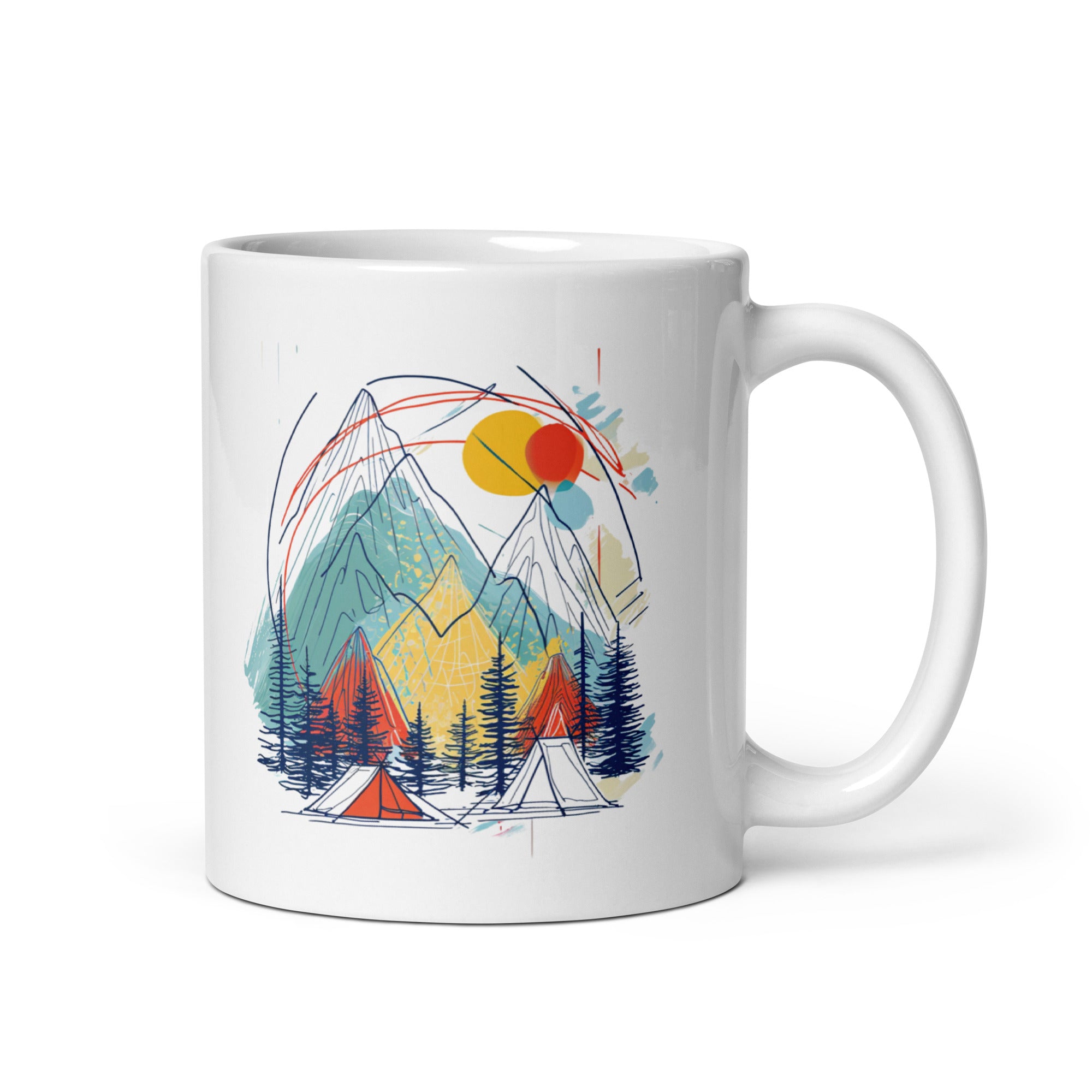 Romantic Mountain Tent Mug 11oz with colourful outdoor camping illustration and Good Morning text, ceramic coffee cup for hikers and adventure lovers
