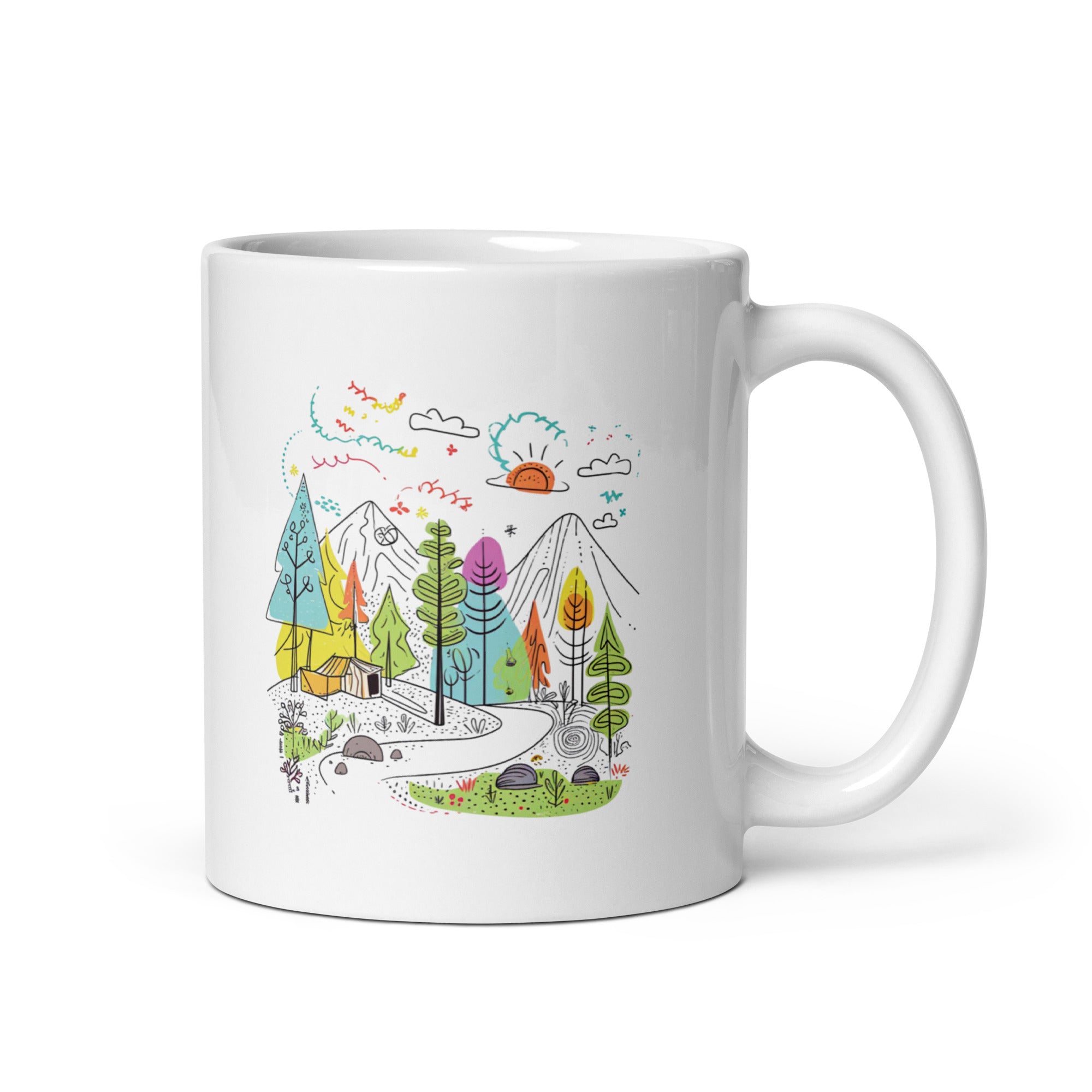 Reverse side of camping mug with "Good Morning" text and sun design – ceramic coffee cup
