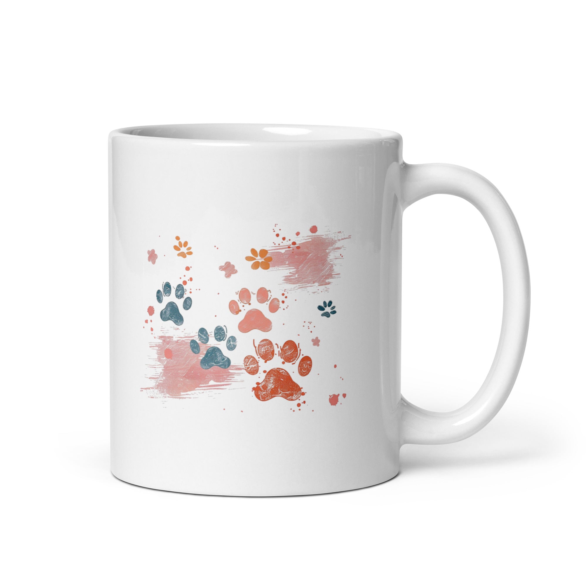 A set of two ceramic mugs, one with a splash of colorful paw prints and the other with a 'Good Morning' message in soft pink, both with animal-themed designs.