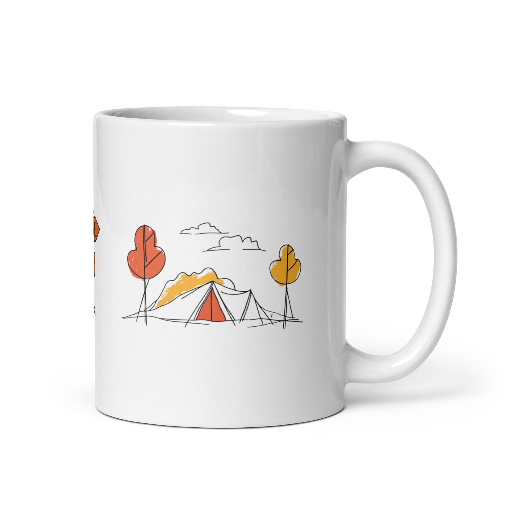 Two ceramic mugs, one with a camping tent and sun design and the other with a 'Good Morning' text and sun design, both in white with colorful illustrations.