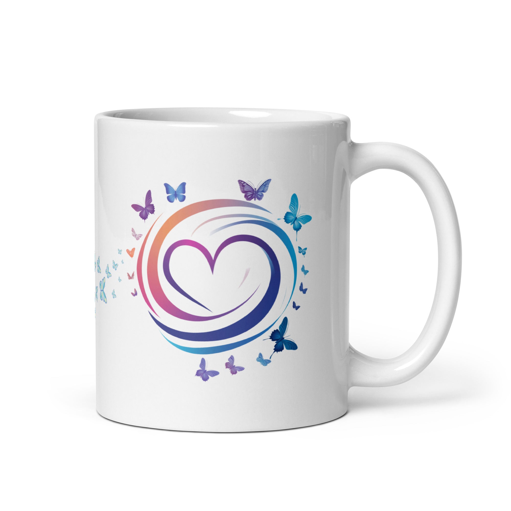 Two ceramic mugs, one with a colorful heart and butterflies design, and the other with a 'Good Morning' message with butterfly accents.
