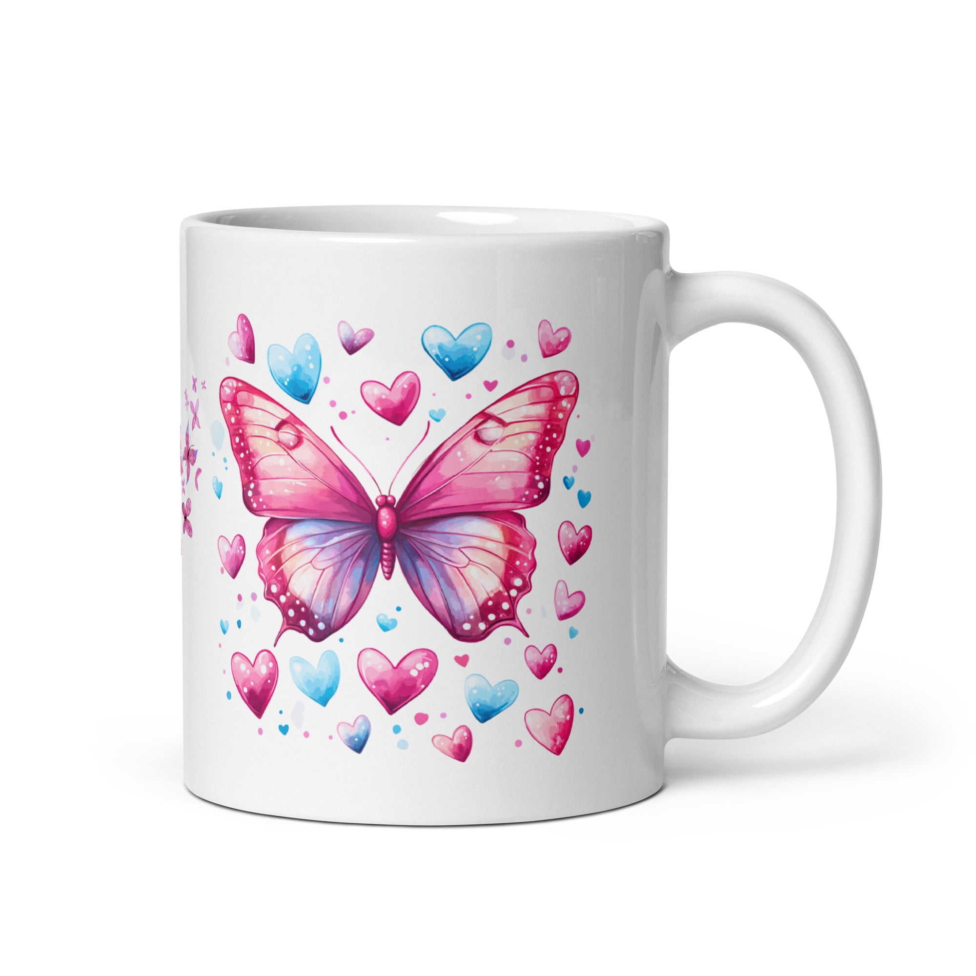 A ceramic coffee cup with a pink butterfly and hearts design, and a text message that reads 'Good Morning'.