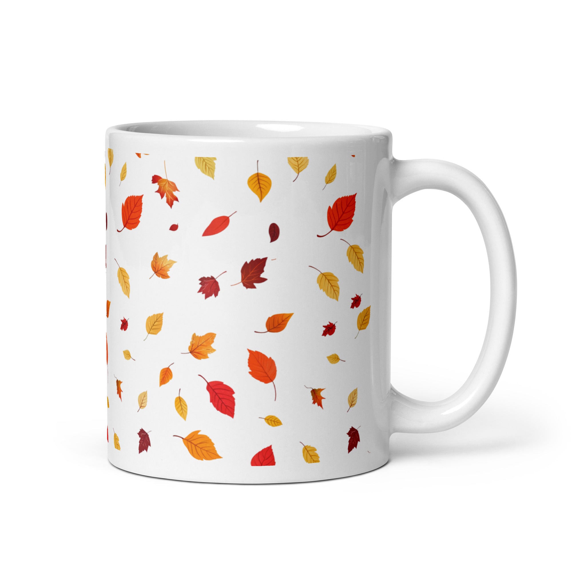 Ceramic autumn mug with falling leaves – cosy 11oz fall coffee cup with rustic seasonal pattern
