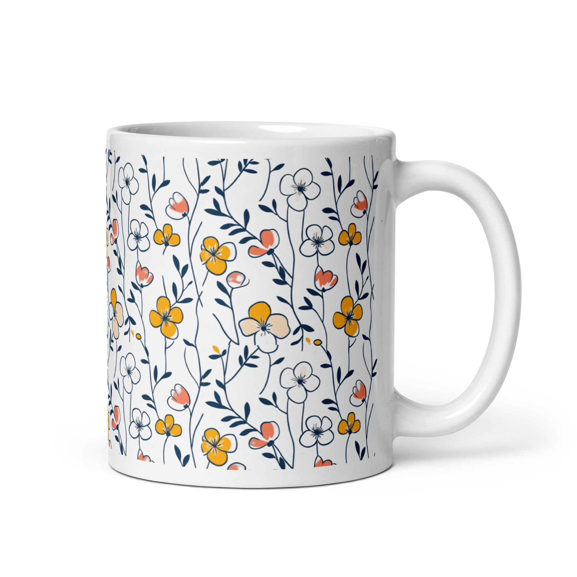 Side view, floral meadow mug, yellow and pink wildflowers, gift idea