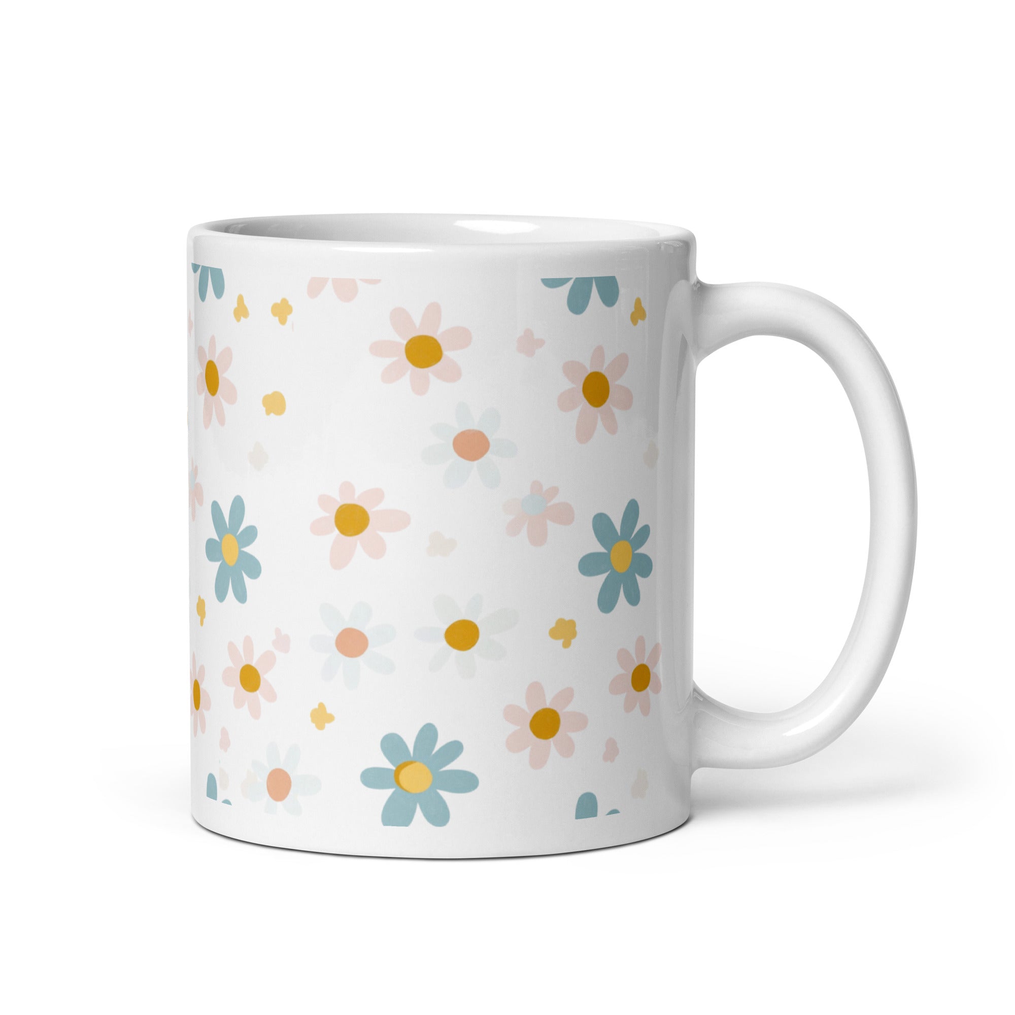 Side view, pastel daisy mug, minimalist floral coffee cup